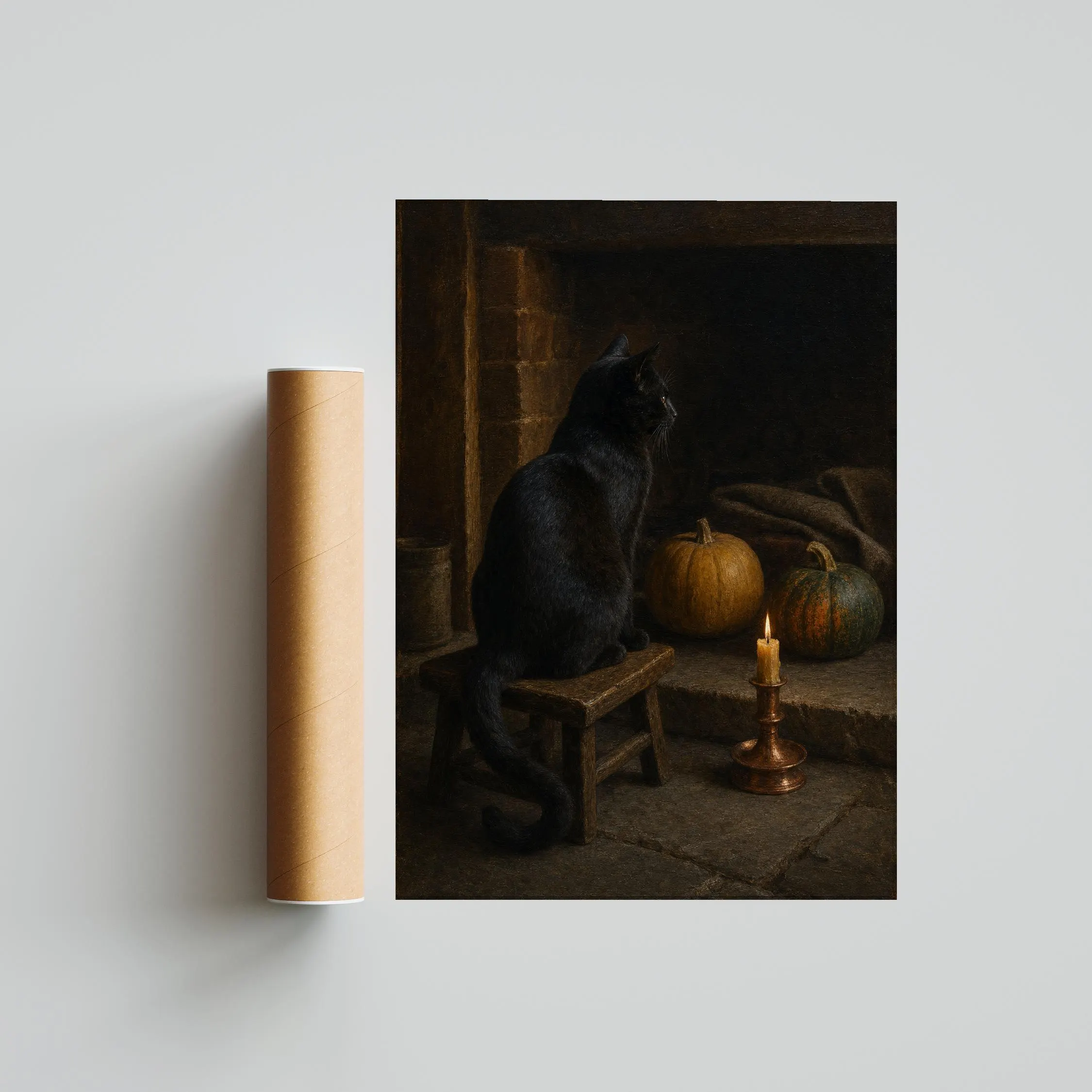 Black Cat Oil Painting Print, Vintage Halloween Wall Art, Gothic Animal Poster, Pumpkin Hearth Decor, Housewarming Gift – Calm Wall Art by Artsify thumbnail 5