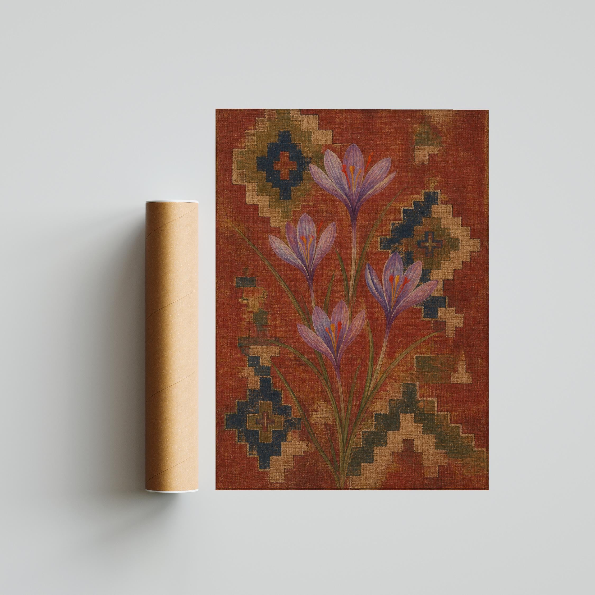 Saffron Crocus Kilim Print, Terracotta Botanical Wall Art, Woven Pattern Poster, Housewarming Gift – Calm Wall Art by Artsify thumbnail 5