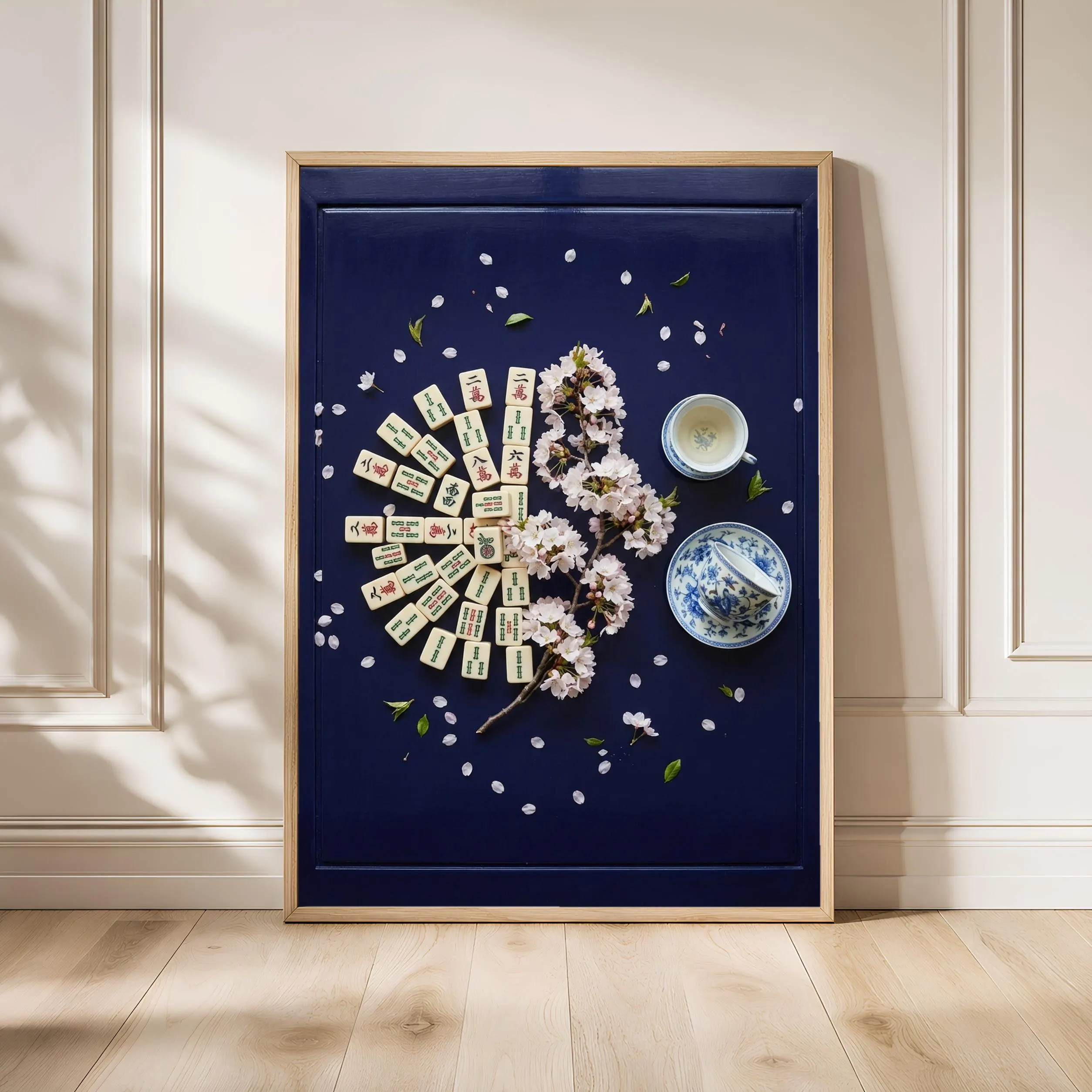 Mahjong Cherry Blossom Print, Chinoiserie Game Room Poster, Indigo Wall Art, Housewarming Gift – Calm Wall Art by Artsify