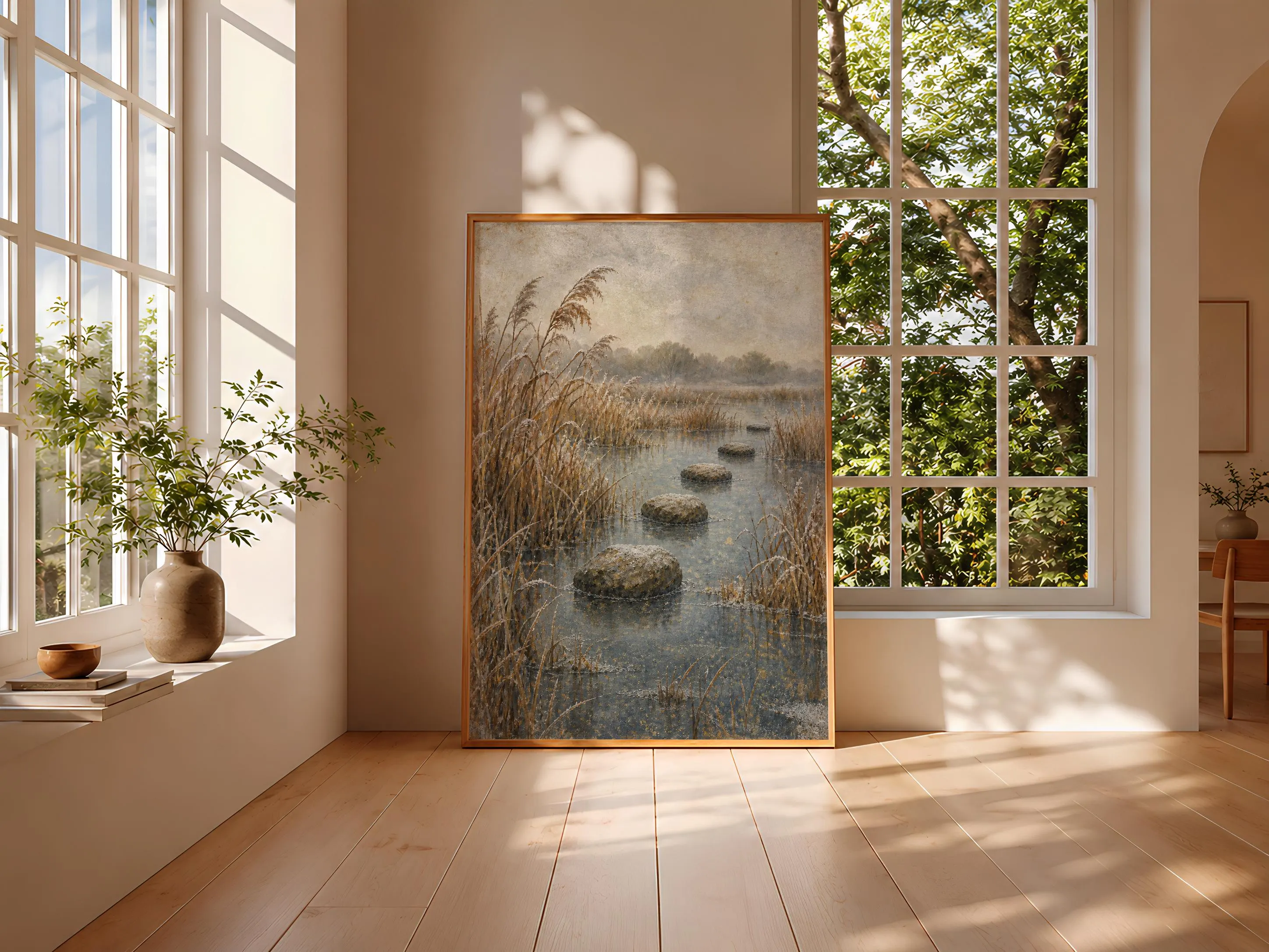 Frosted Reed Marsh Wall Art, Japanese Autumn Wetland Painting, Earth Tone Office Decor – Calm Wall Art by Artsify thumbnail 3