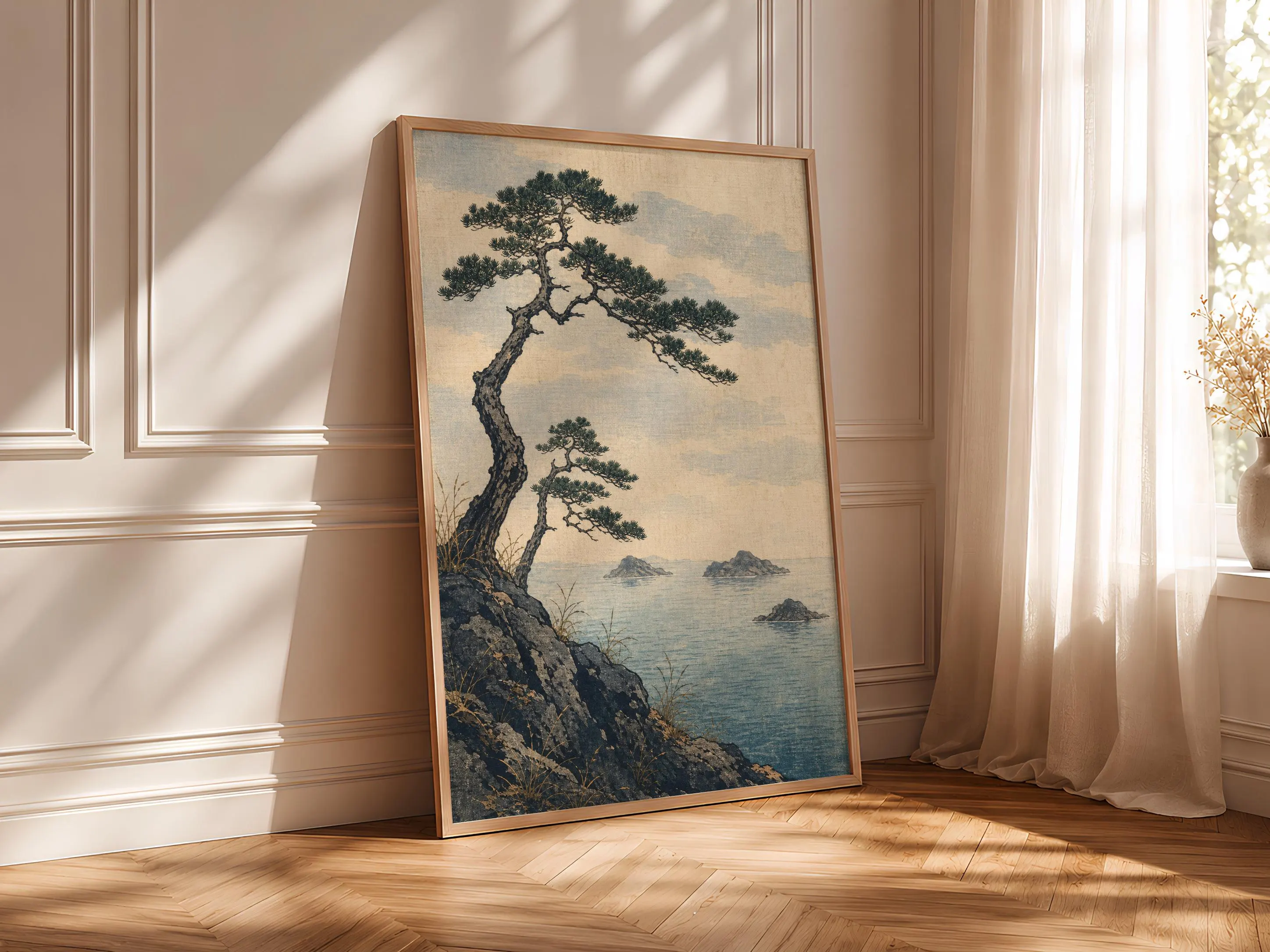 Japanese Coastal Pine Print, Indigo Seascape Wall Art, Wind Bent Pine Poster, Japandi Ocean Decor, Housewarming Gift – Calm Wall Art by Artsify thumbnail 4