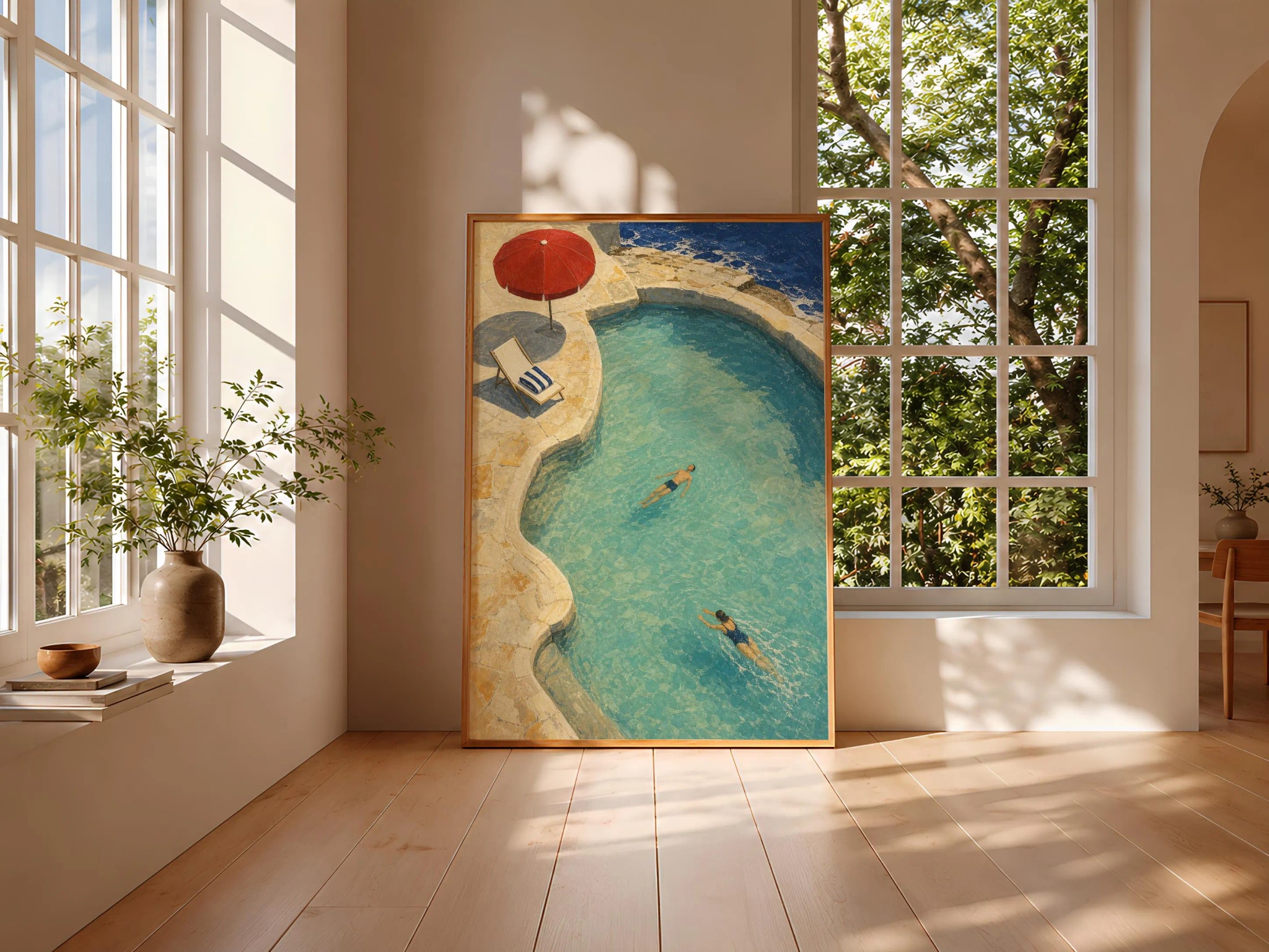Mediterranean Pool Print, Red Parasol Wall Art, Vintage Riviera Poster, Retro Summer Decor, Housewarming Gift – Calm Wall Art by Artsify thumbnail 3