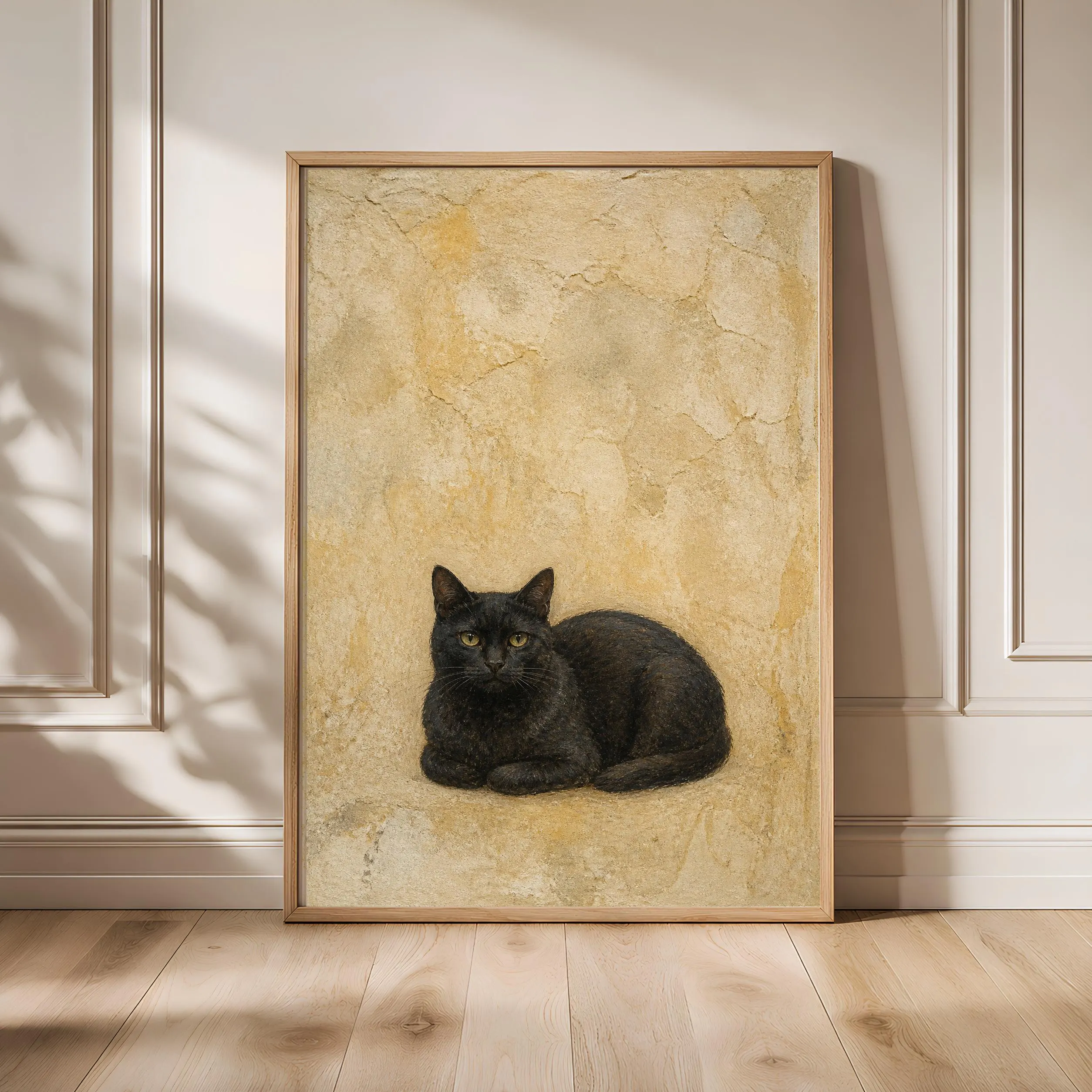 Black Cat Wall Art, Limestone Fresco Painting, Minimalist Animal Print, Housewarming Gift – Calm Wall Art by Artsify