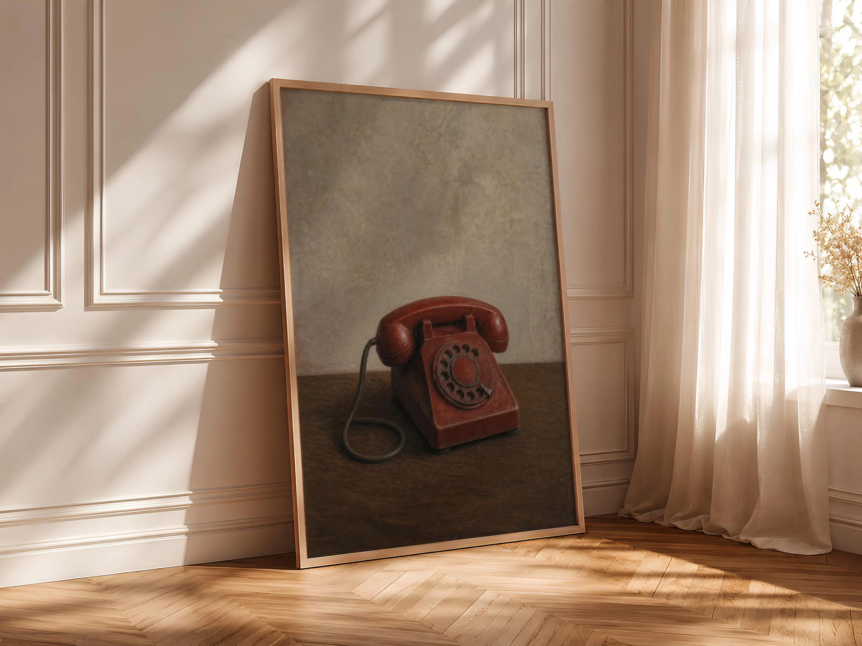 Red Telephone Wall Art, Vintage Rotary Phone Painting, Nostalgic Still Life Print – Calm Wall Art by Artsify thumbnail 4