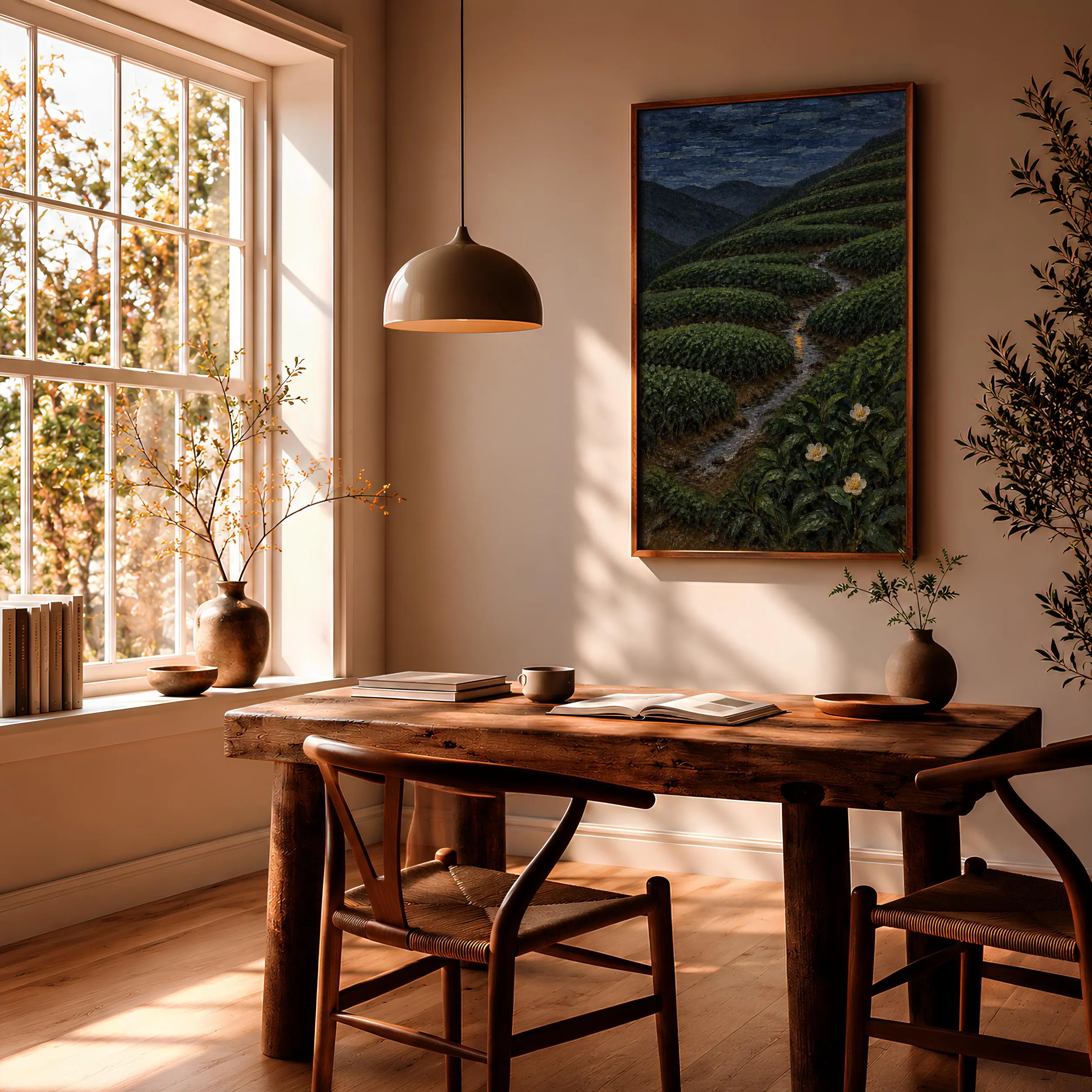 Tea Plantation Wall Art, Moody Night Terrace Oil Painting – Calm Wall Art by Artsify thumbnail 2