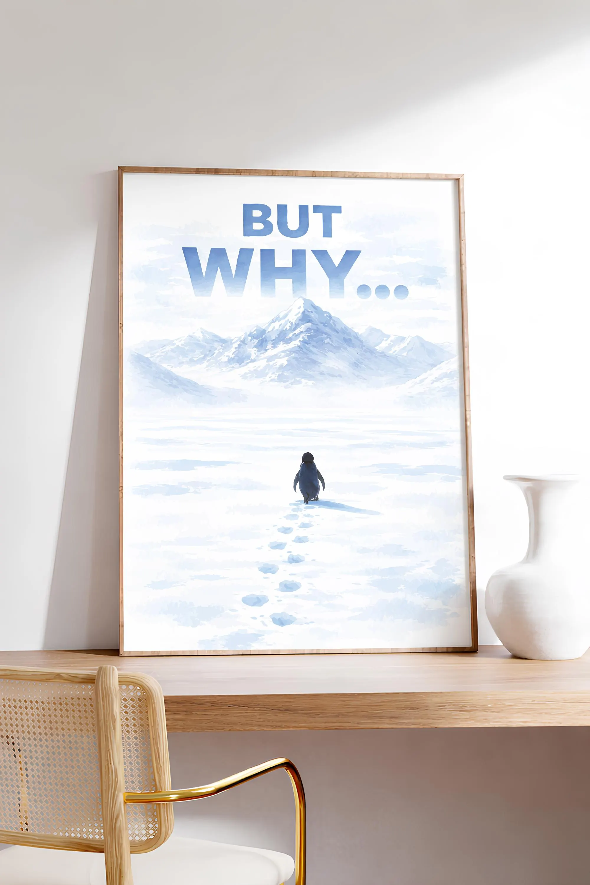 But Why? Watercolor Arctic Poster – Inspirational Nihilist Penguin Wall Art, Minimalist Nordic Home & Office Decor – Calm Wall Art by Artsify thumbnail 3