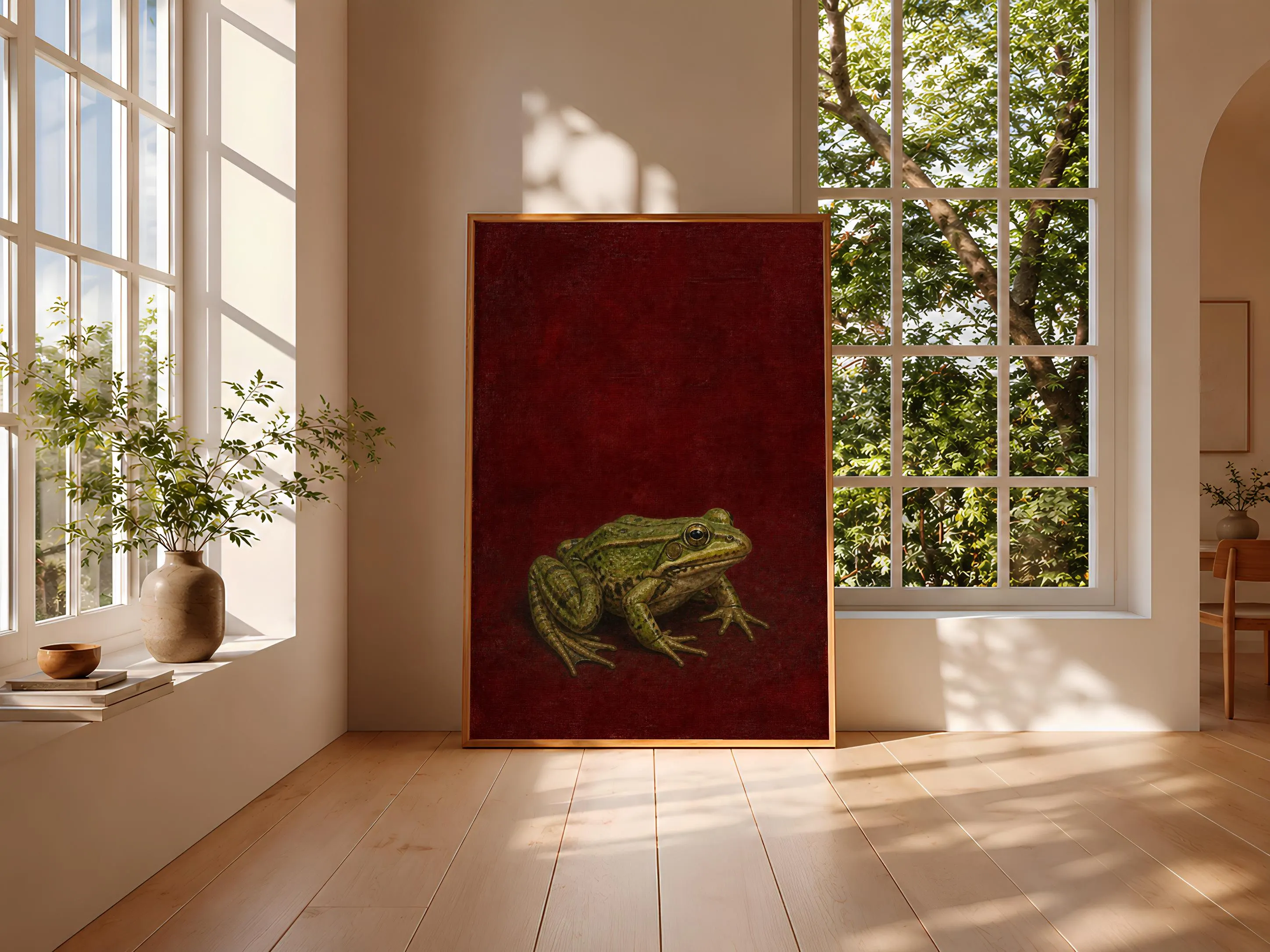 Frog Wall Art, Oxblood Jute Tempera Painting, Minimalist Animal Print, Housewarming Gift – Calm Wall Art by Artsify thumbnail 3