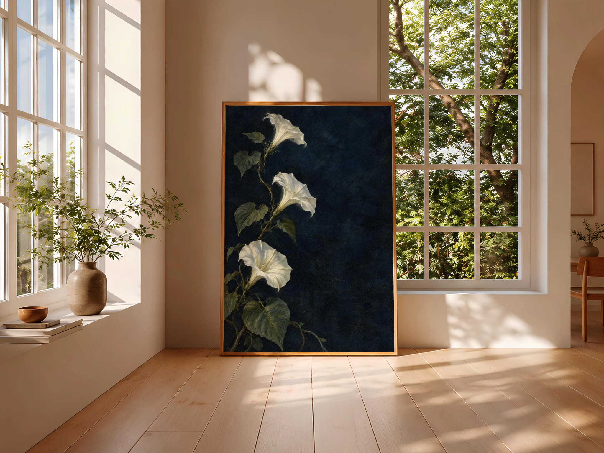 Moonflower Wall Art, Moody White Botanical Oil Painting, Dark Blue Bedroom Decor – Calm Wall Art by Artsify thumbnail 3
