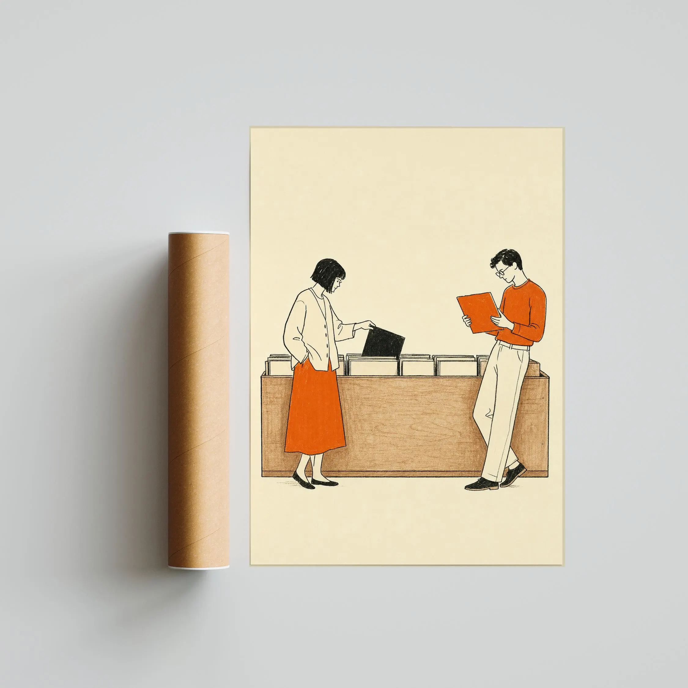 Vintage Record Shop Print, Retro Vinyl Browsing Wall Art, Orange Music Poster, Minimalist Line Art Decor, Housewarming Gift – Calm Wall Art by Artsify thumbnail 5