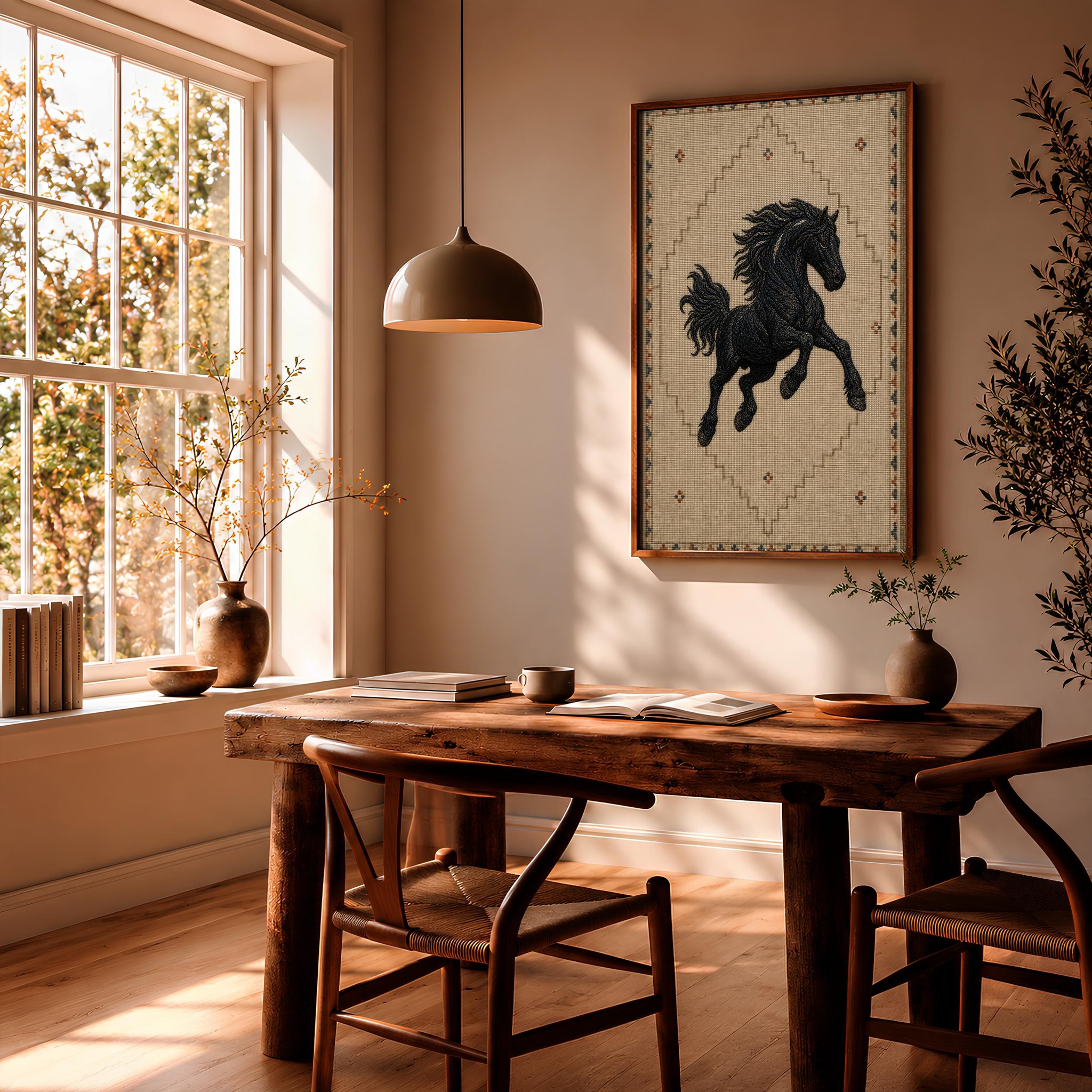 Embroidered Black Horse Print, Minimalist Kilim Wall Art, Tan Boho Poster, Housewarming Gift – Calm Wall Art by Artsify thumbnail 2