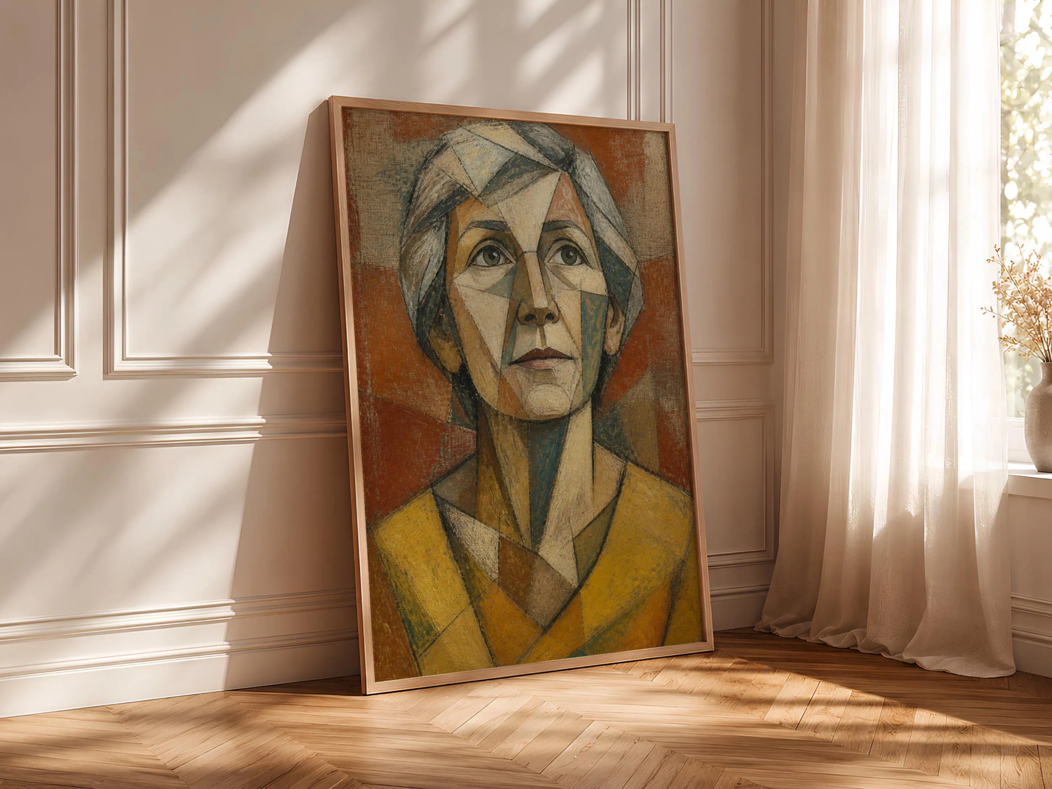 Silver Hair Cubist Portrait Print, Elder Woman Wall Art, Citron Geometric Face Decor – Calm Wall Art by Artsify thumbnail 4
