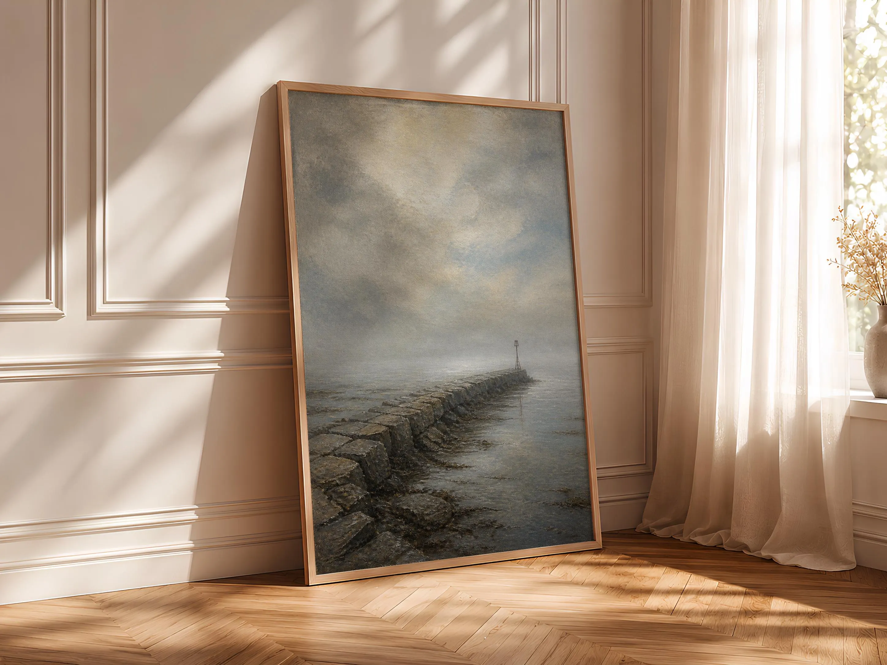Fog Breakwater Wall Art, Tonalist Coastal Oil Painting Print – Calm Wall Art by Artsify thumbnail 4