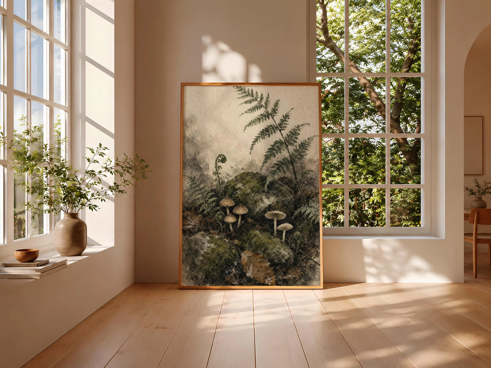 Japanese Mushroom Print, Fern Botanical Wall Art, Sumi E Woodland Poster, Cottagecore Japandi Decor, Housewarming Gift – Calm Wall Art by Artsify thumbnail 3
