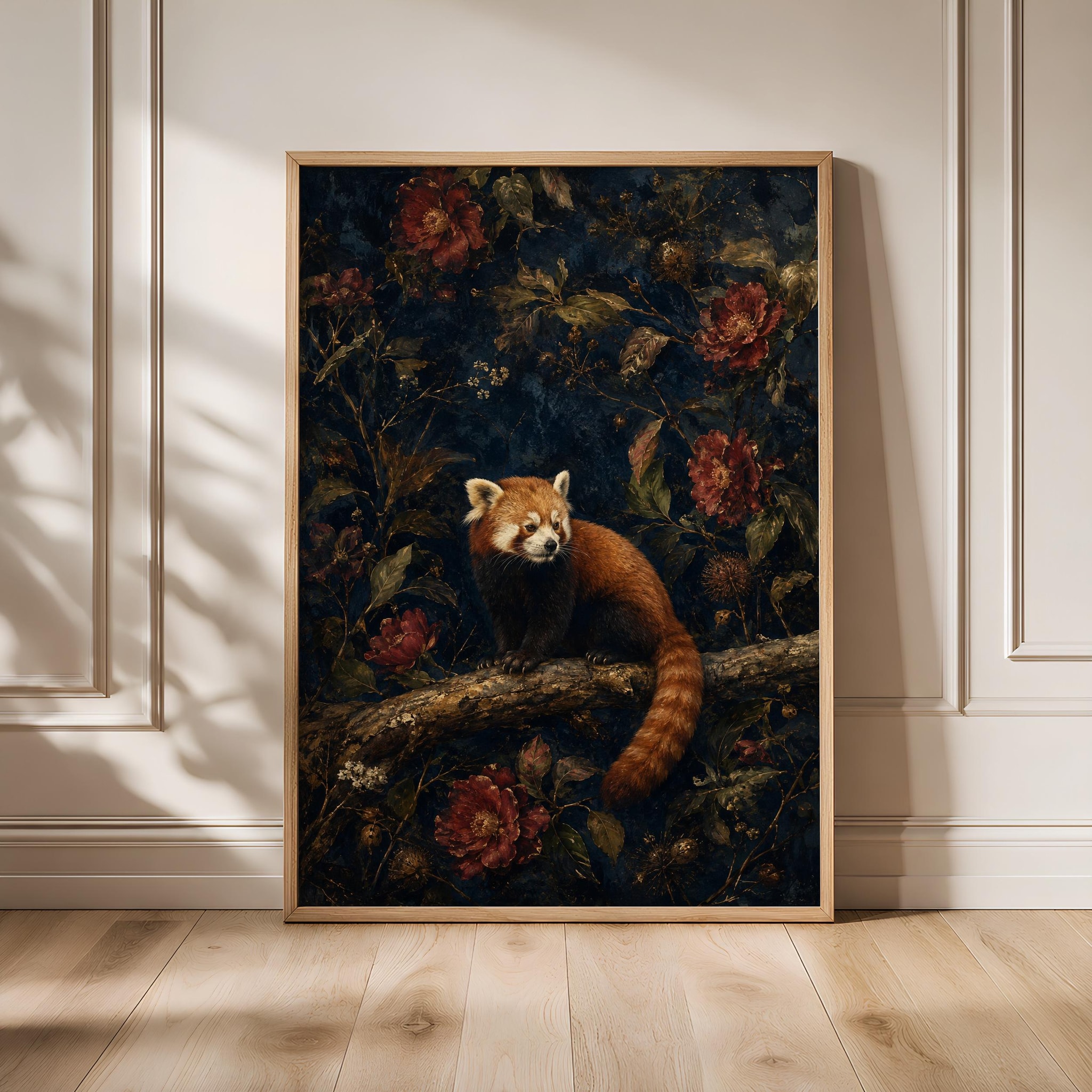 Red Panda Wall Art, Dark Botanical Oil Painting – Calm Wall Art by Artsify