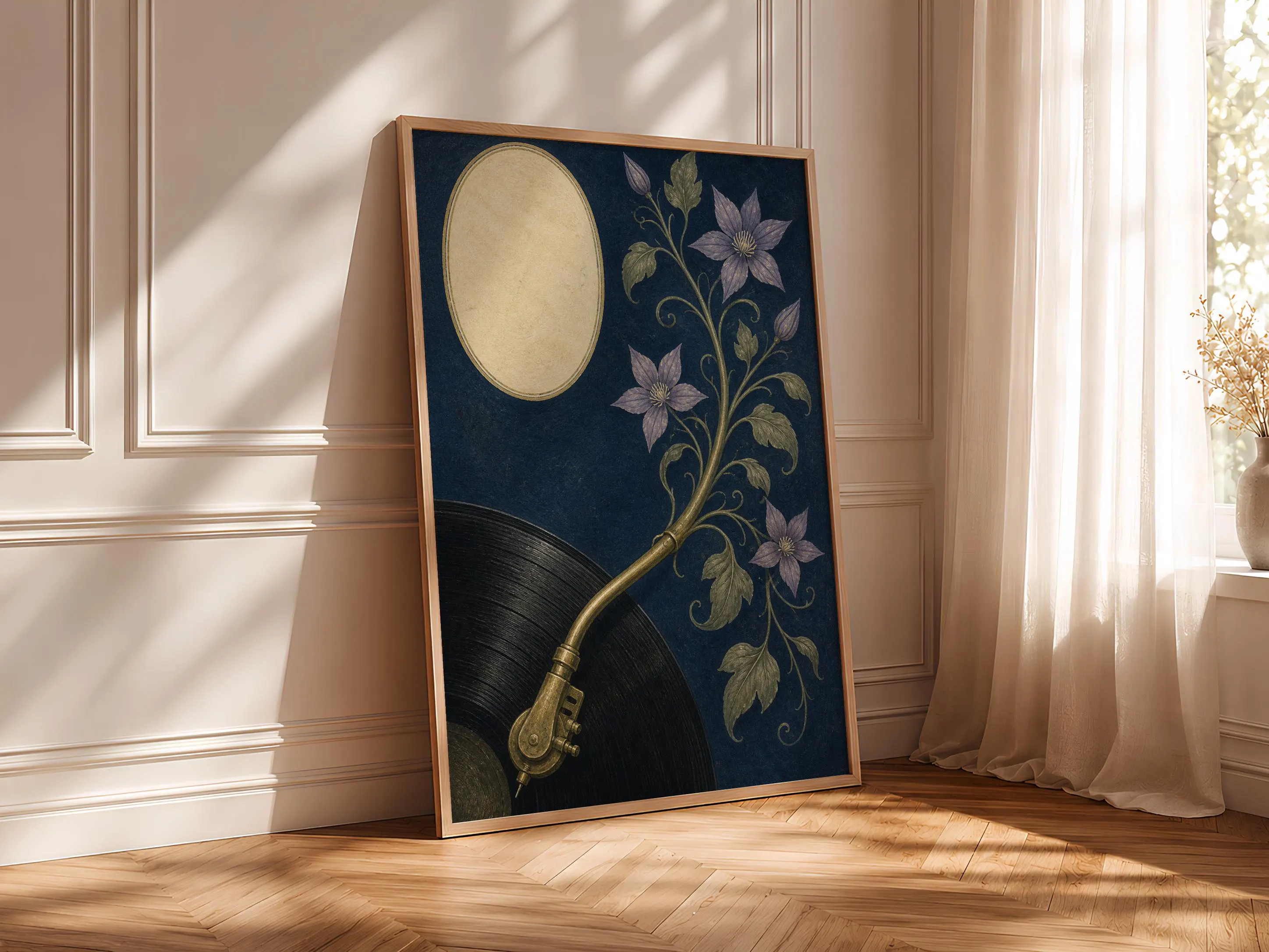 Vinyl Turntable Print, Arts and Crafts Music Room Poster, Navy Botanical Wall Art, Vinyl Lover Gift – Calm Wall Art by Artsify thumbnail 4