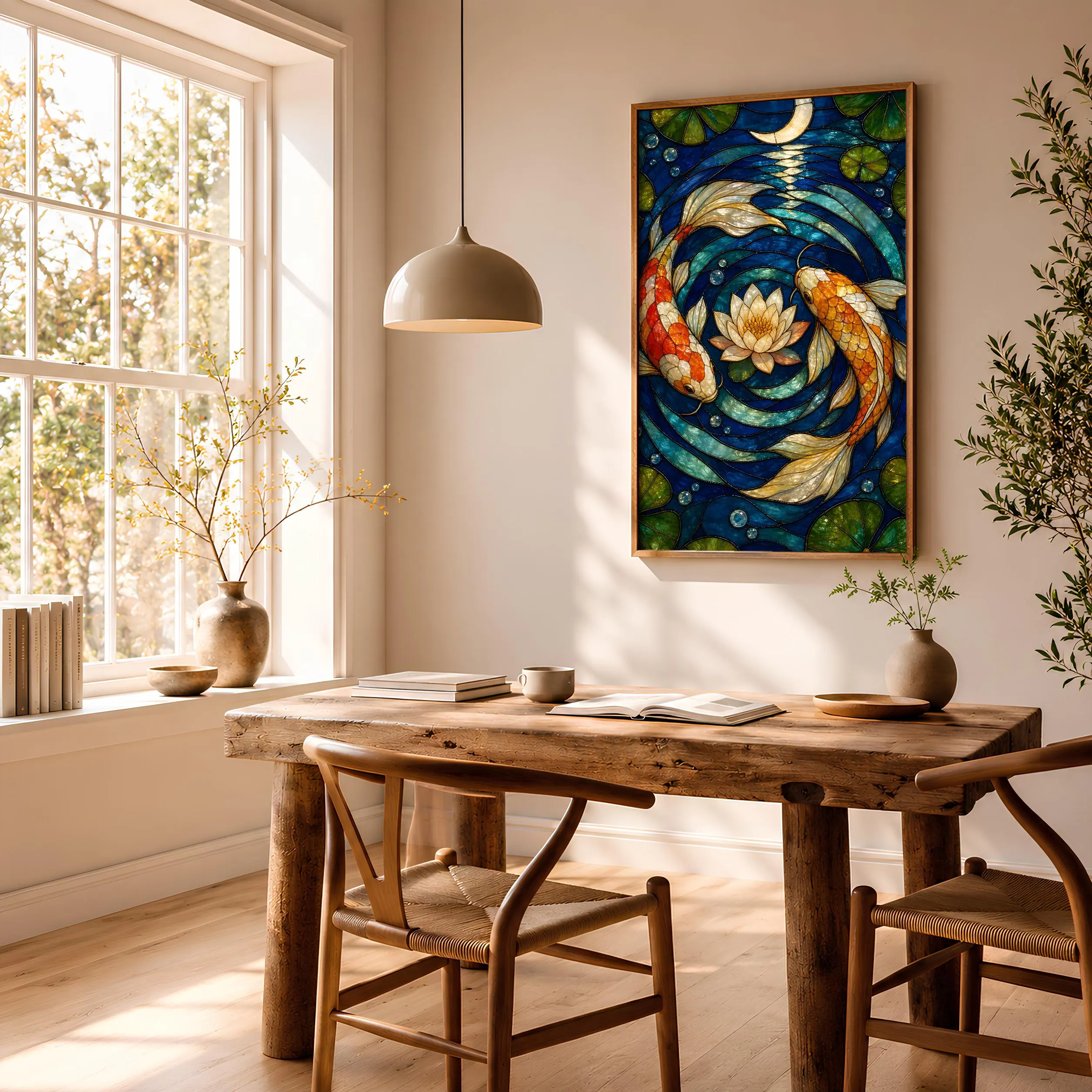 Koi Fish Stained Glass Print, Japanese Pond Wall Art, Moonlit Water Lily Poster, Zen Decor Gift, Housewarming Gift – Calm Wall Art by Artsify thumbnail 2
