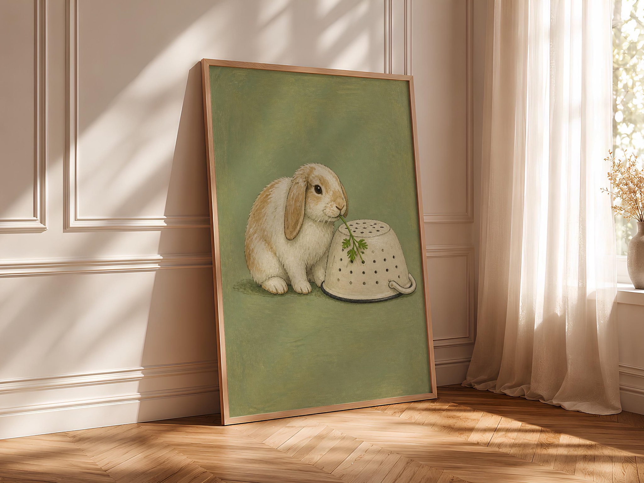 Funny Rabbit Kitchen Art, Lop Bunny and Colander, Minimalist Pet Print – Calm Wall Art by Artsify thumbnail 4