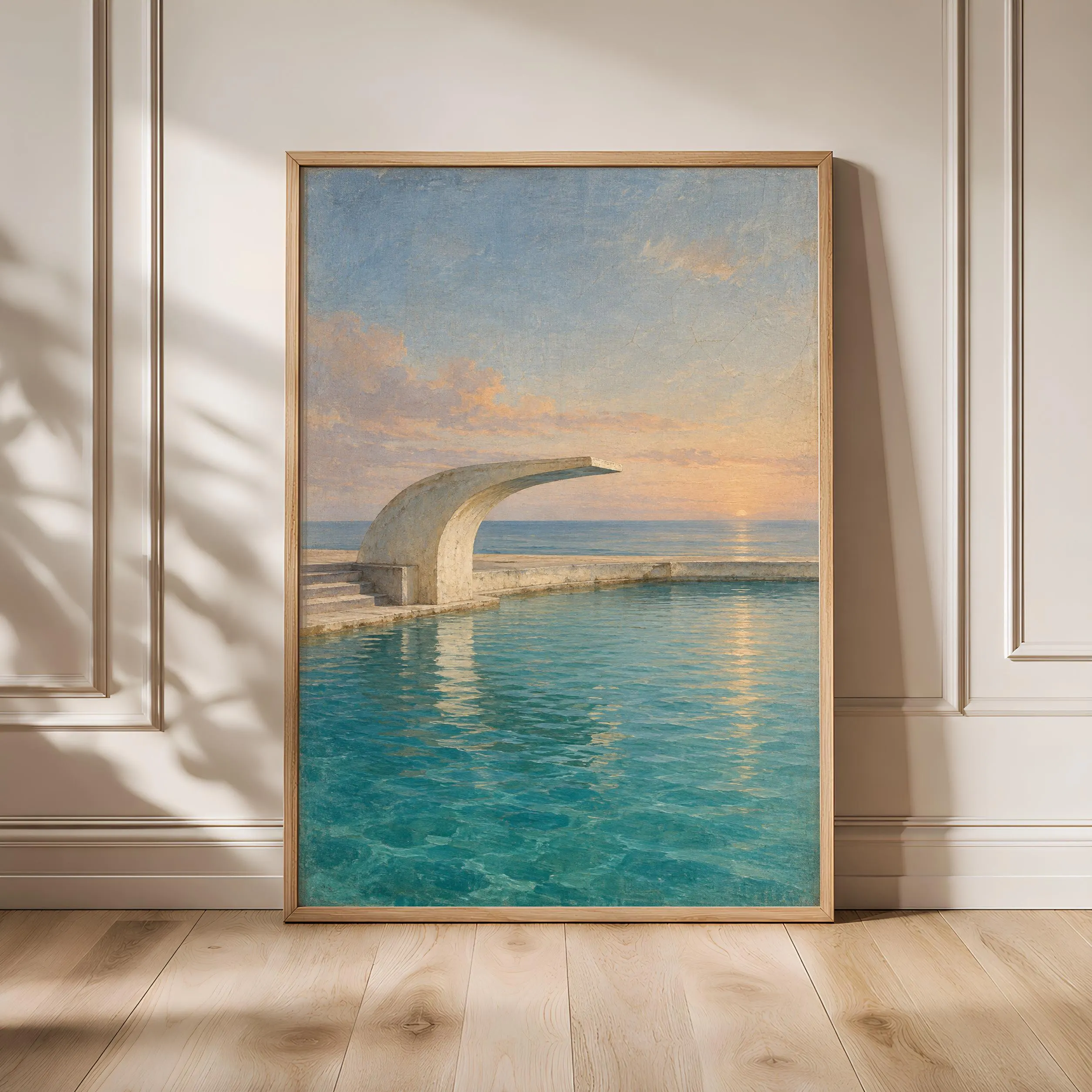 Vintage Poolside Wall Art, Dawn Diving Terrace Oil Painting, Art Deco Decor – Calm Wall Art by Artsify