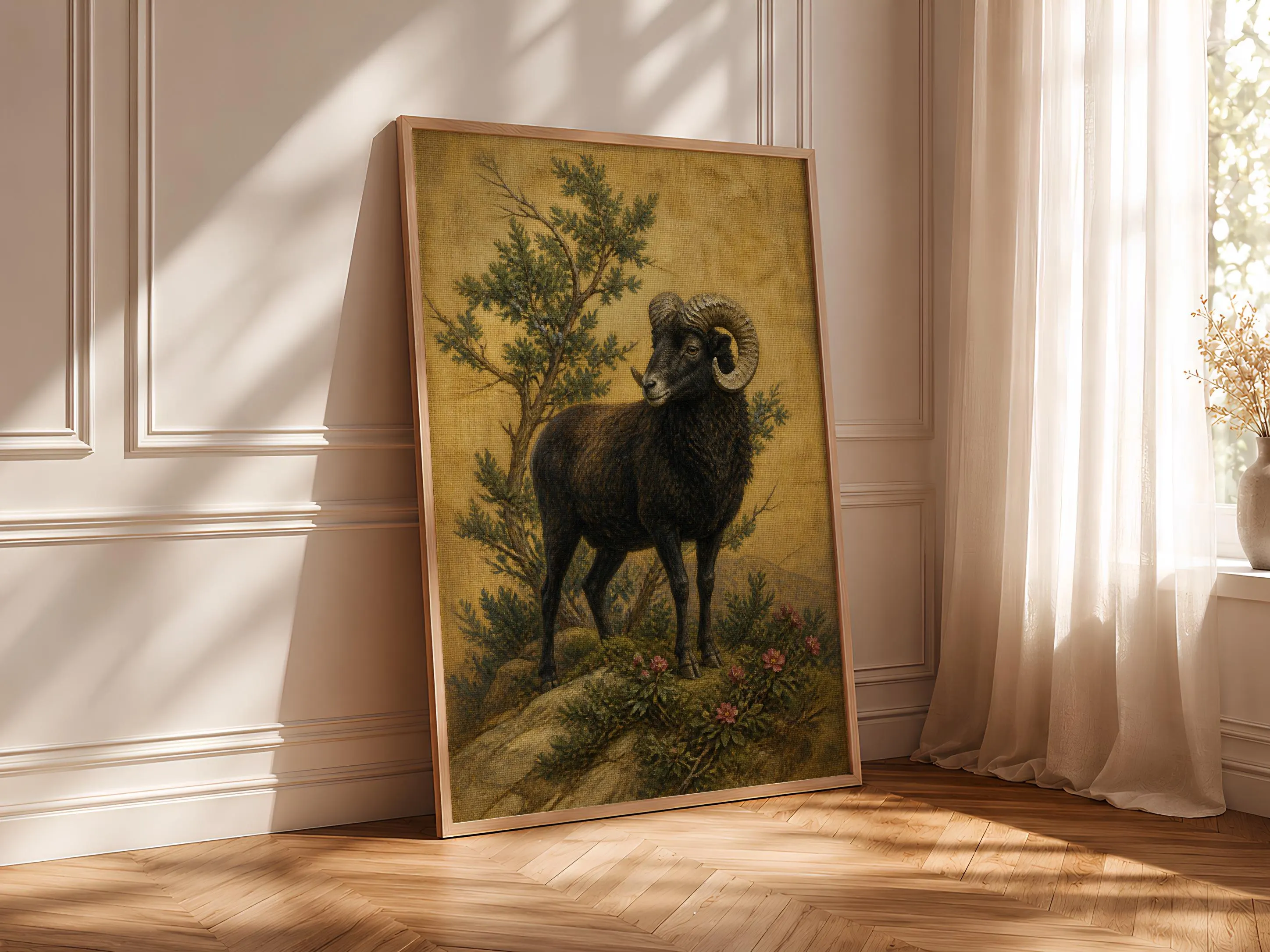 Black Ram Wall Art, Arts and Crafts Animal Oil Painting, Alpine Botanical Decor – Calm Wall Art by Artsify thumbnail 4
