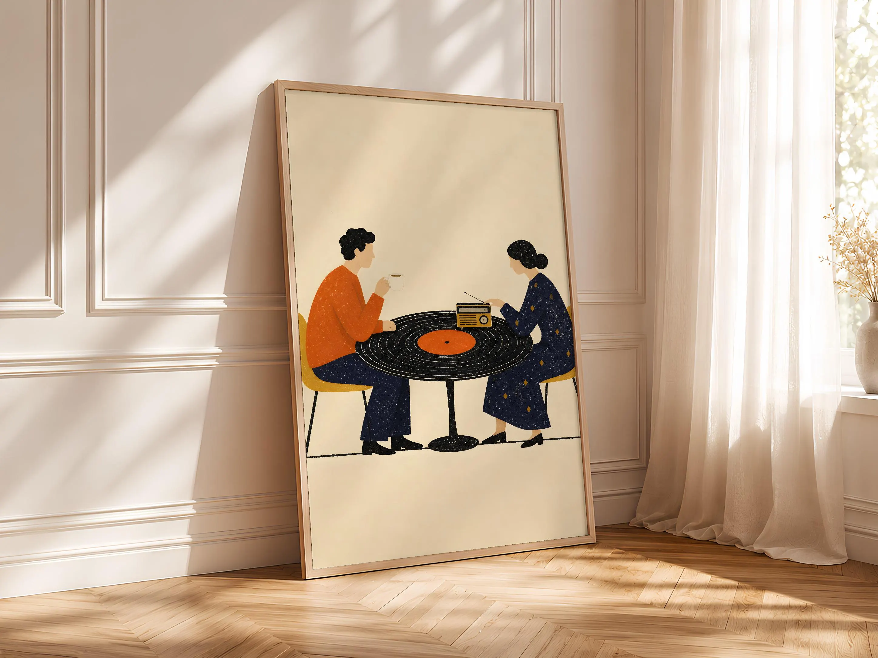 Vinyl Record Table Print, Retro Couple Cafe Poster, Mid Century Music Wall Art, Music Lover Gift, Housewarming Gift – Calm Wall Art by Artsify thumbnail 4