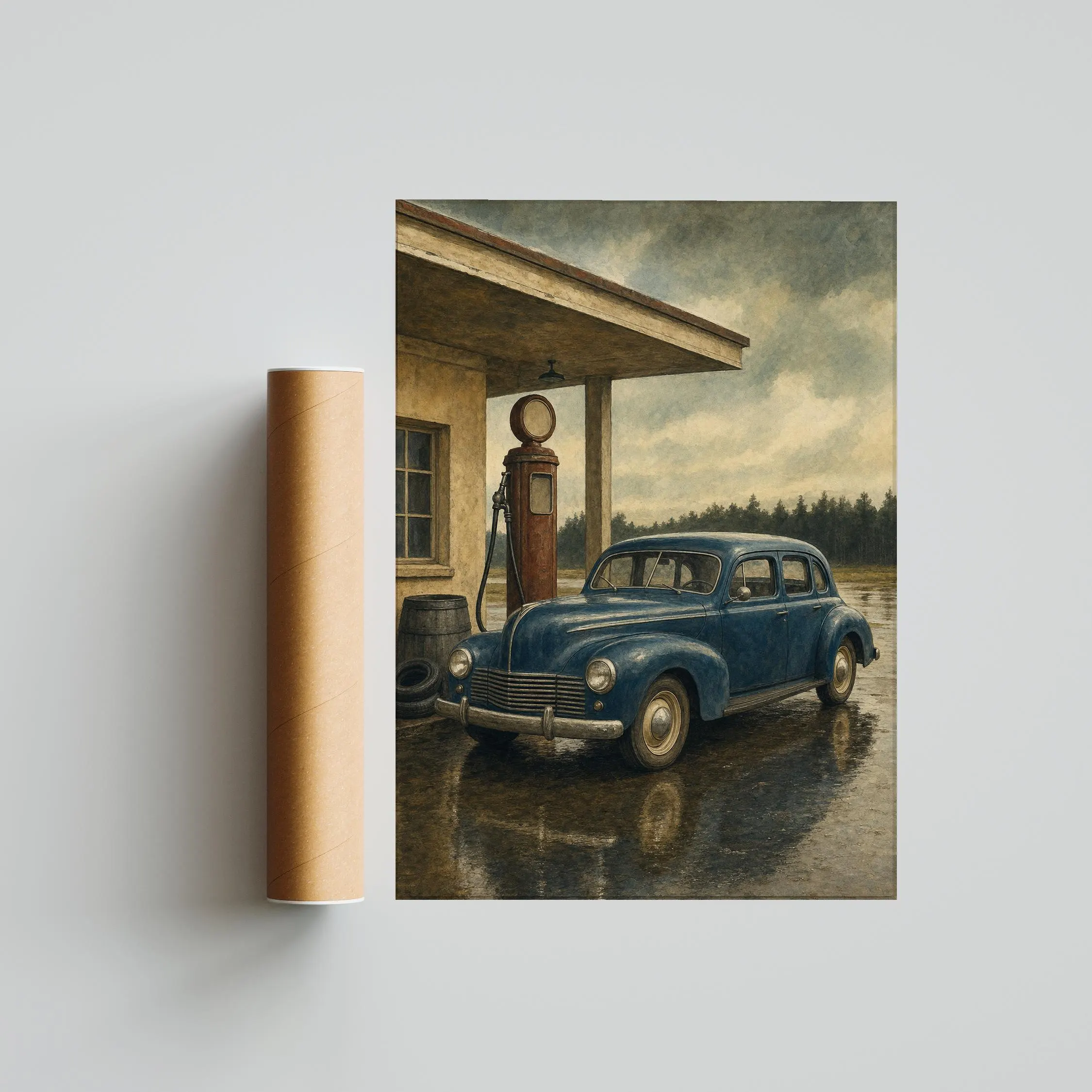 Vintage Gas Station Print, Classic Car Garage Wall Art, Rainy Roadside Poster, Petrol Blue Decor, Housewarming Gift – Calm Wall Art by Artsify thumbnail 5