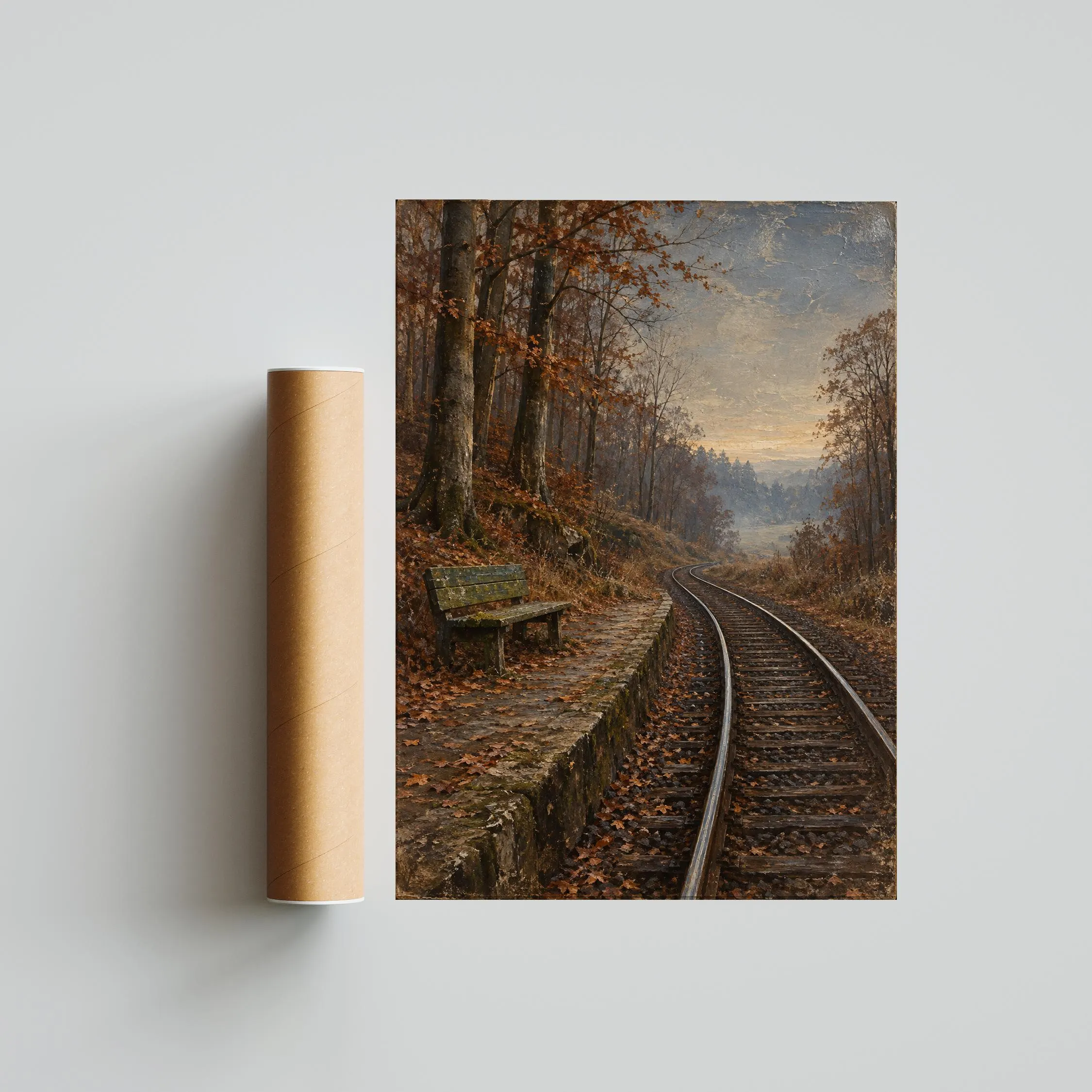 Autumn Forest Platform Wall Art, Empty Railway Oil Painting, Cottagecore Decor – Calm Wall Art by Artsify thumbnail 5
