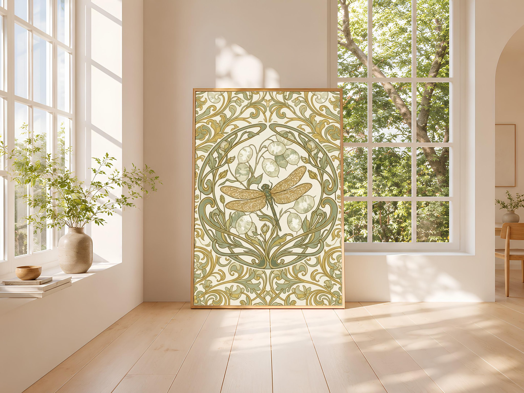 Art Nouveau Dragonfly Print, Golden Retro Floral Poster, Gold Ornamental Wall Art, Office Decor, Housewarming Gift – Calm Wall Art by Artsify thumbnail 3