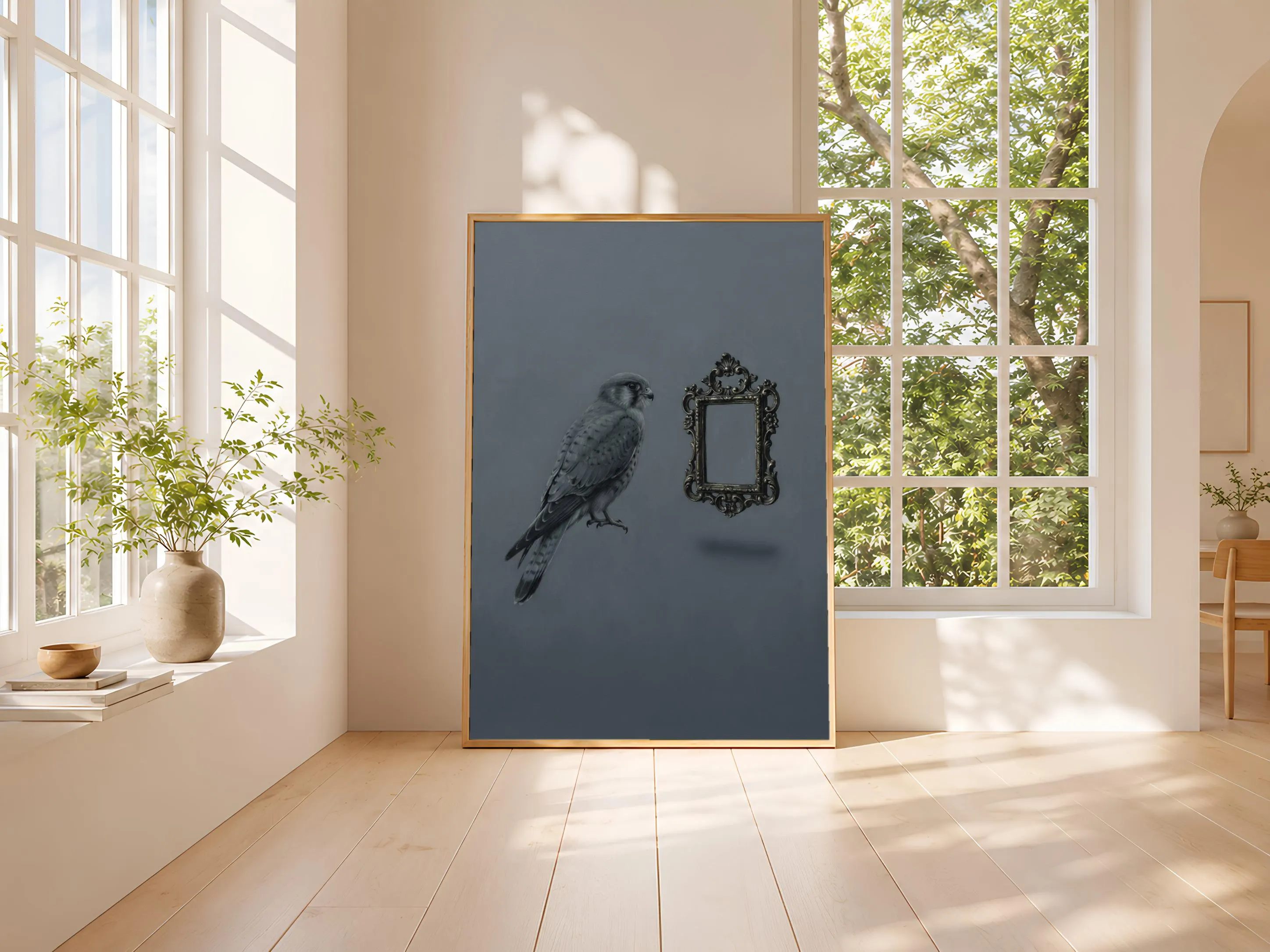Surreal Kestrel Wall Art Print, Floating Mirror Poster, Grey Bird Decor, Minimalist Surreal Art, Housewarming Gift – Calm Wall Art by Artsify thumbnail 3
