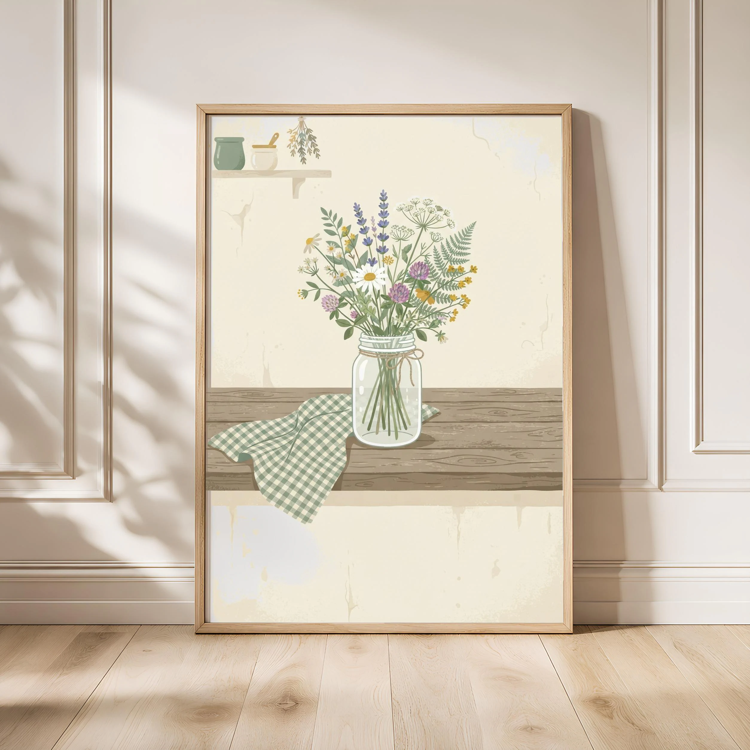 Mason Jar Wildflower Print, Farmhouse Still Life Wall Art, Sage Blue Poster, Dining Room Decor, Housewarming Gift – Calm Wall Art by Artsify