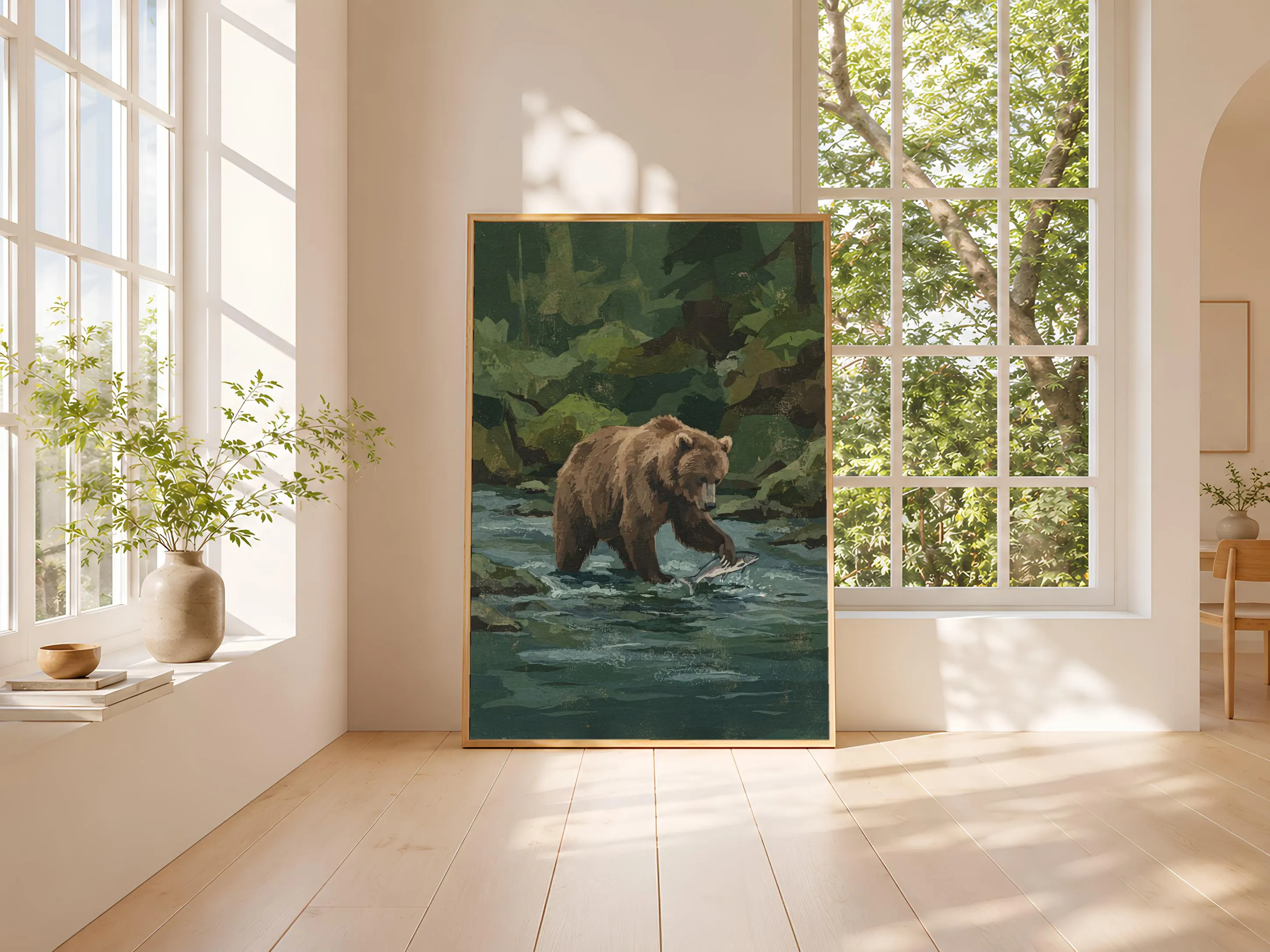 Bear Wall Art, Forest Green Minimalist Wildlife Painting, Vintage Woodland Print, Housewarming Gift – Calm Wall Art by Artsify thumbnail 3