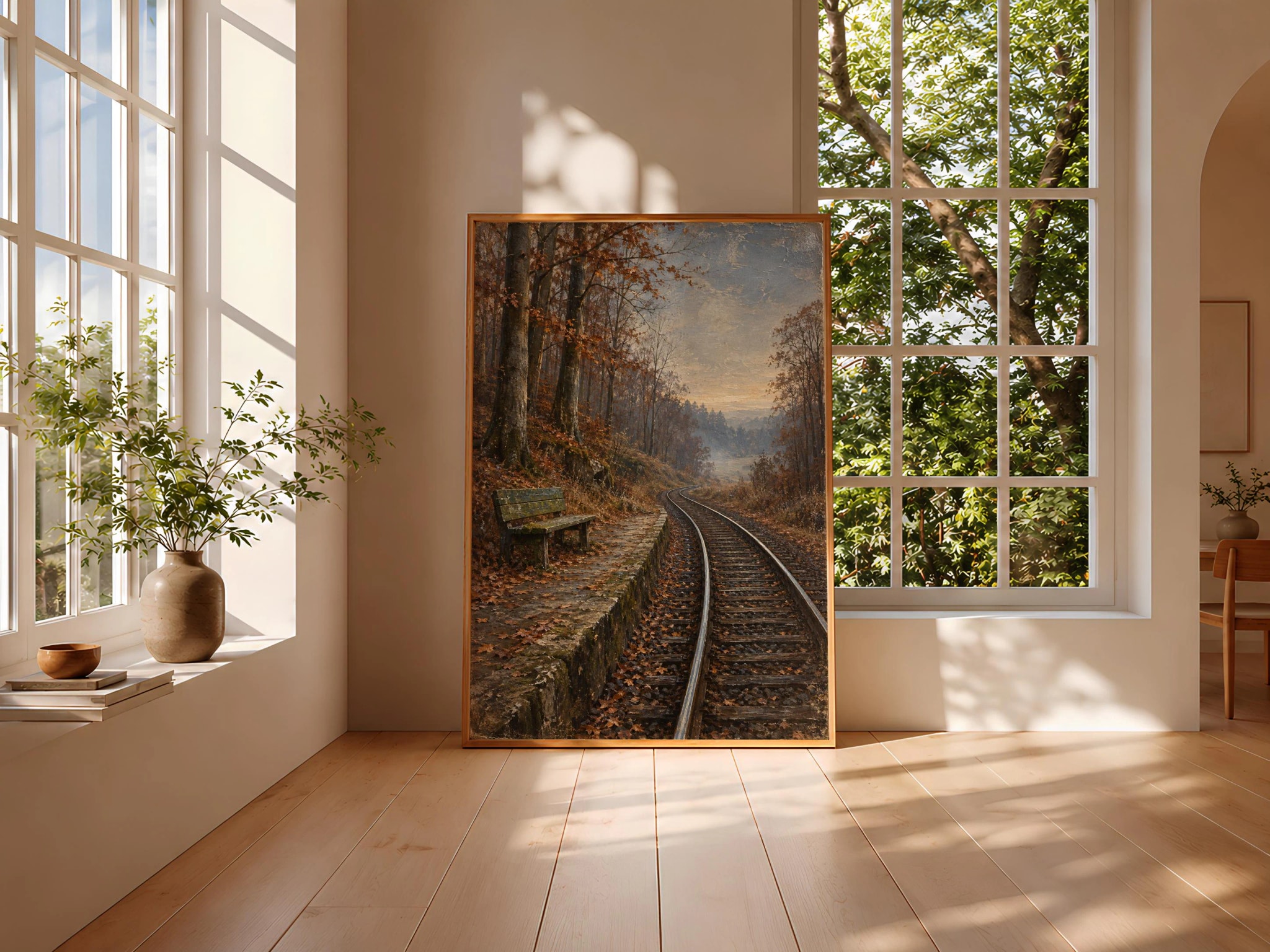 Autumn Forest Platform Wall Art, Empty Railway Oil Painting, Cottagecore Decor – Calm Wall Art by Artsify thumbnail 3