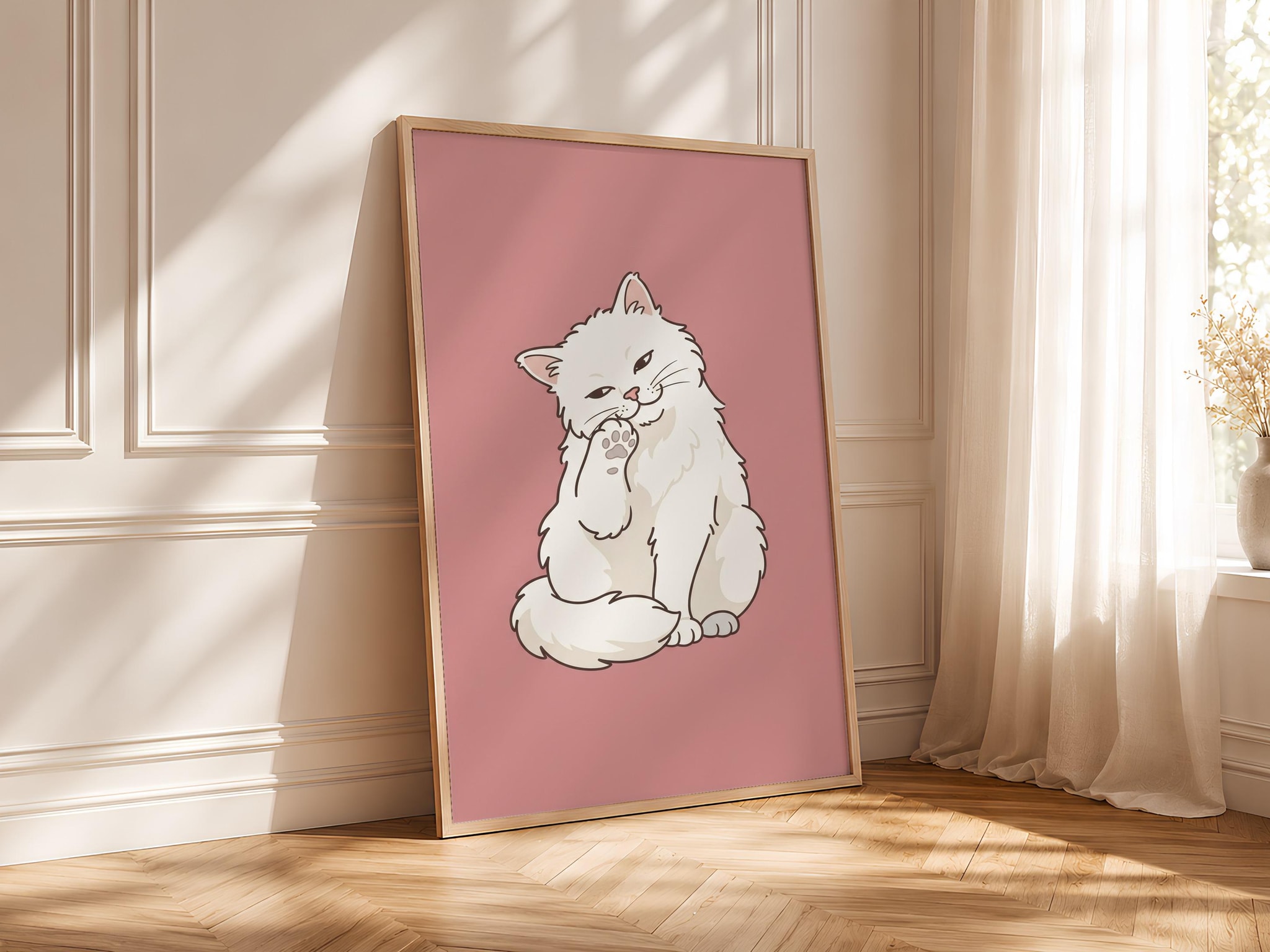 Minimalist Cat Print, Grooming White Cat Wall Art, Dusty Rose Poster, Cat Lover Gift, Housewarming Gift – Calm Wall Art by Artsify thumbnail 4
