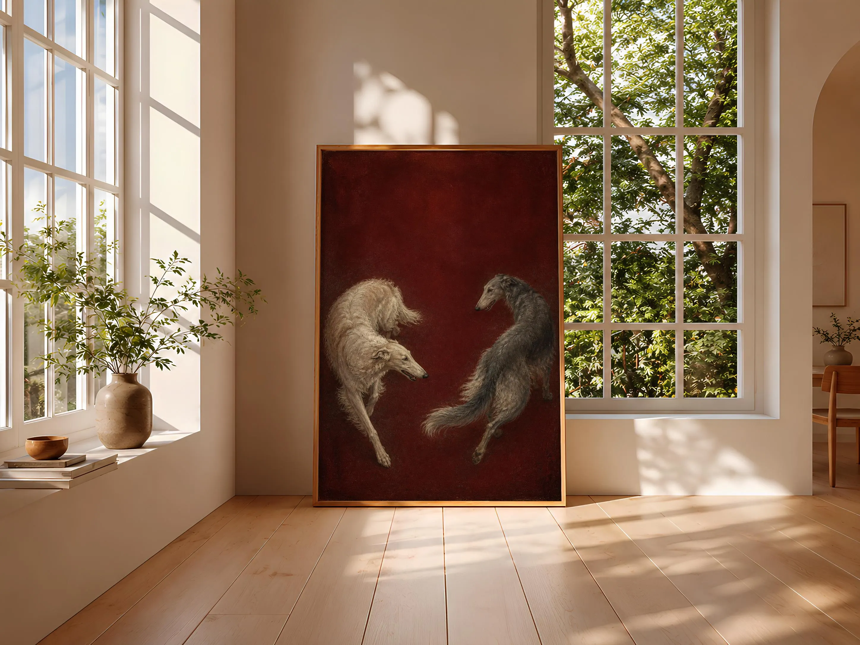 Borzoi Pair Wall Art, Claret Tempera Dog Painting, Vintage Sighthound Print, Housewarming Gift – Calm Wall Art by Artsify thumbnail 3