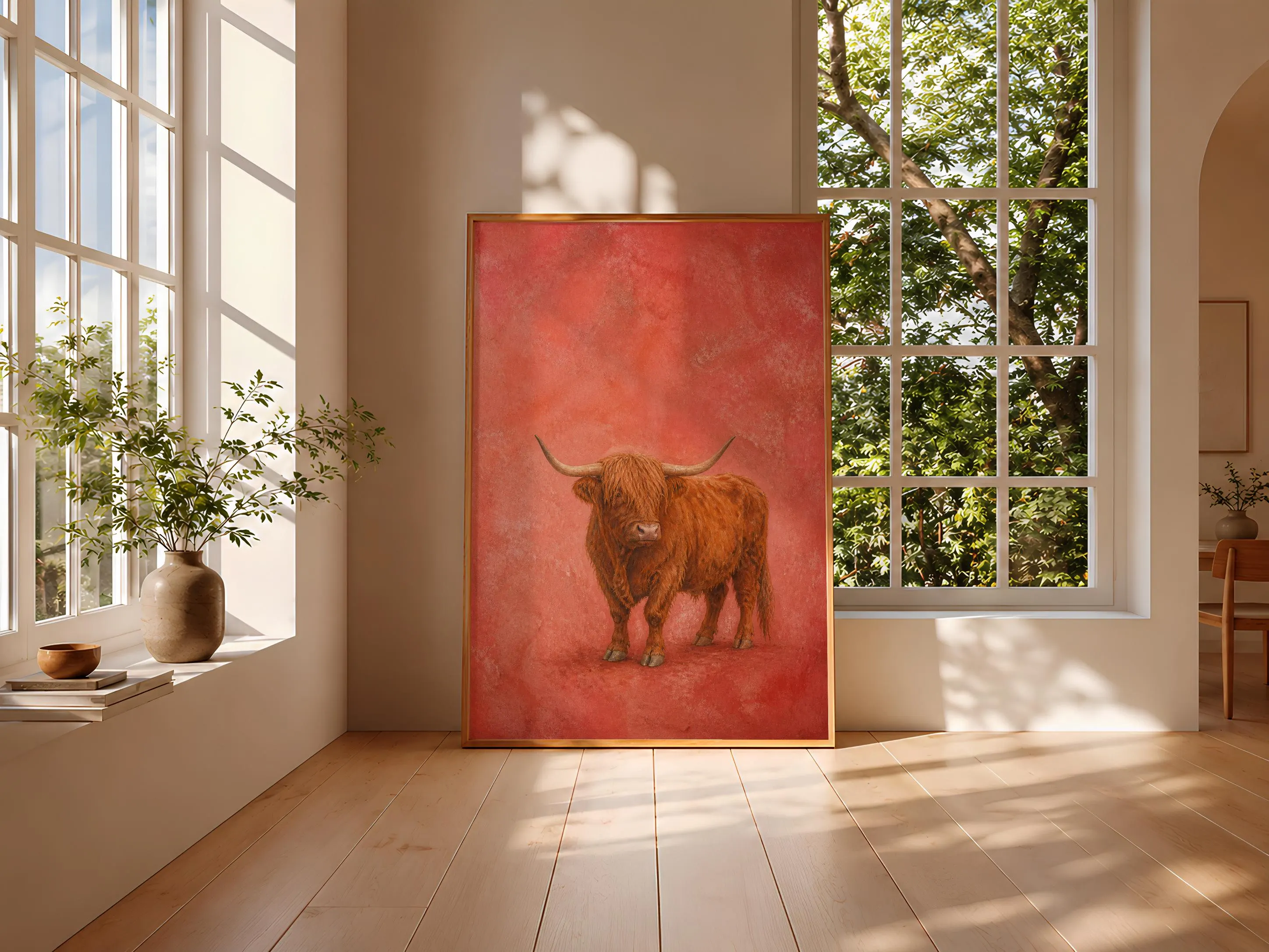 Highland Cow Wall Art, Coral Fresco Farmhouse Painting, Minimalist Animal Print, Housewarming Gift – Calm Wall Art by Artsify thumbnail 3