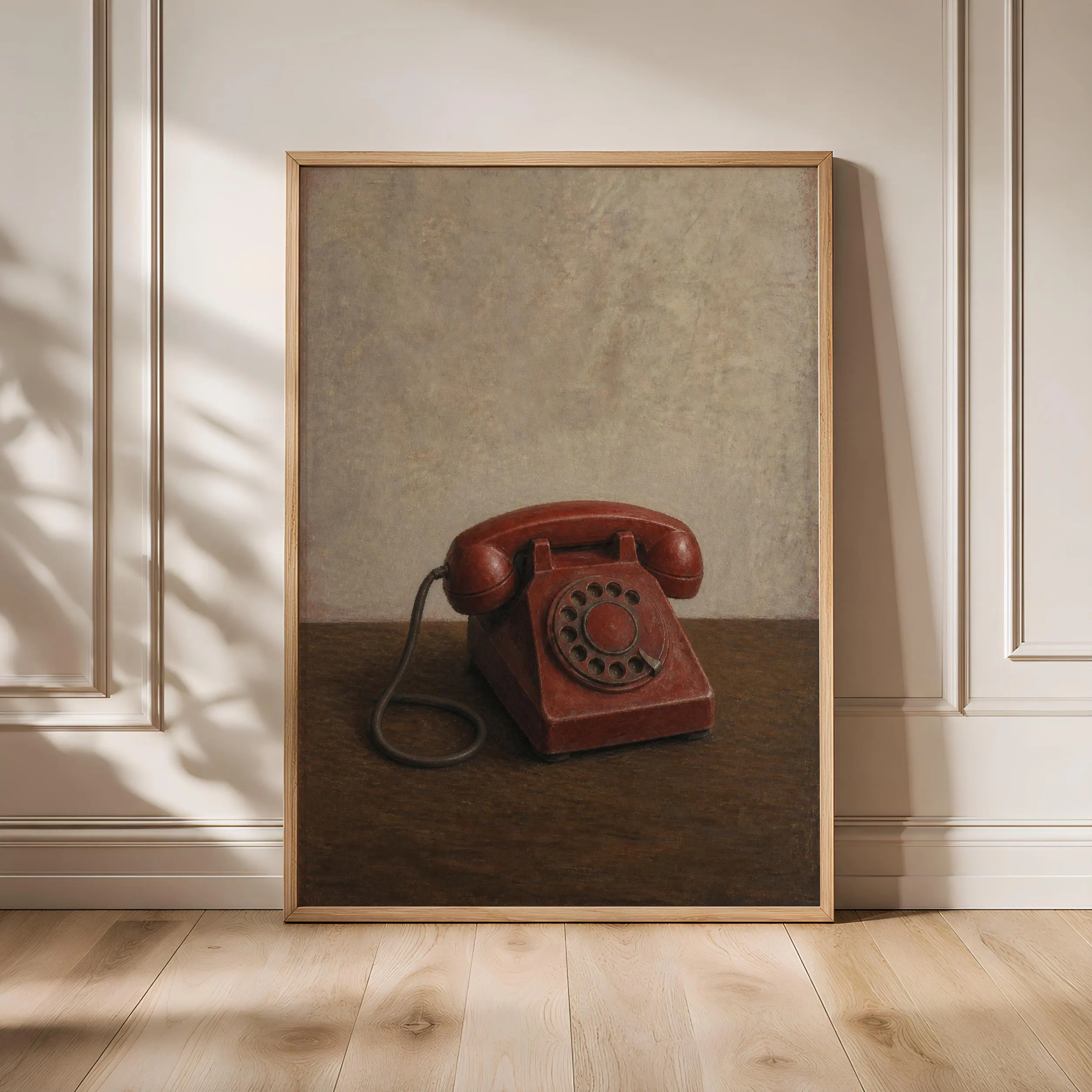 Red Telephone Wall Art, Vintage Rotary Phone Painting, Nostalgic Still Life Print – Calm Wall Art by Artsify