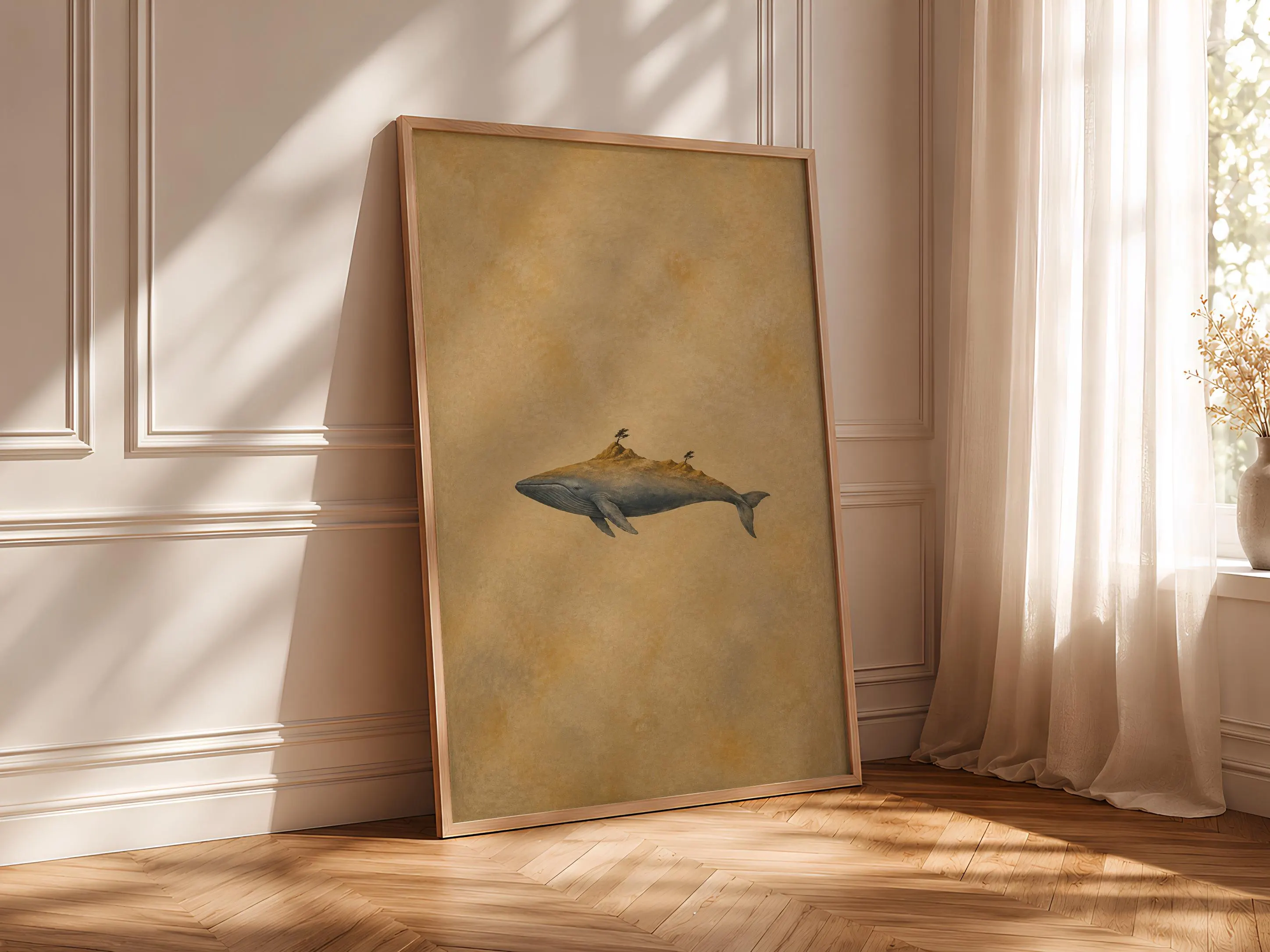 Island Whale Wall Art, Minimal Surreal Coastal Folk Landscape Print – Calm Wall Art by Artsify thumbnail 4
