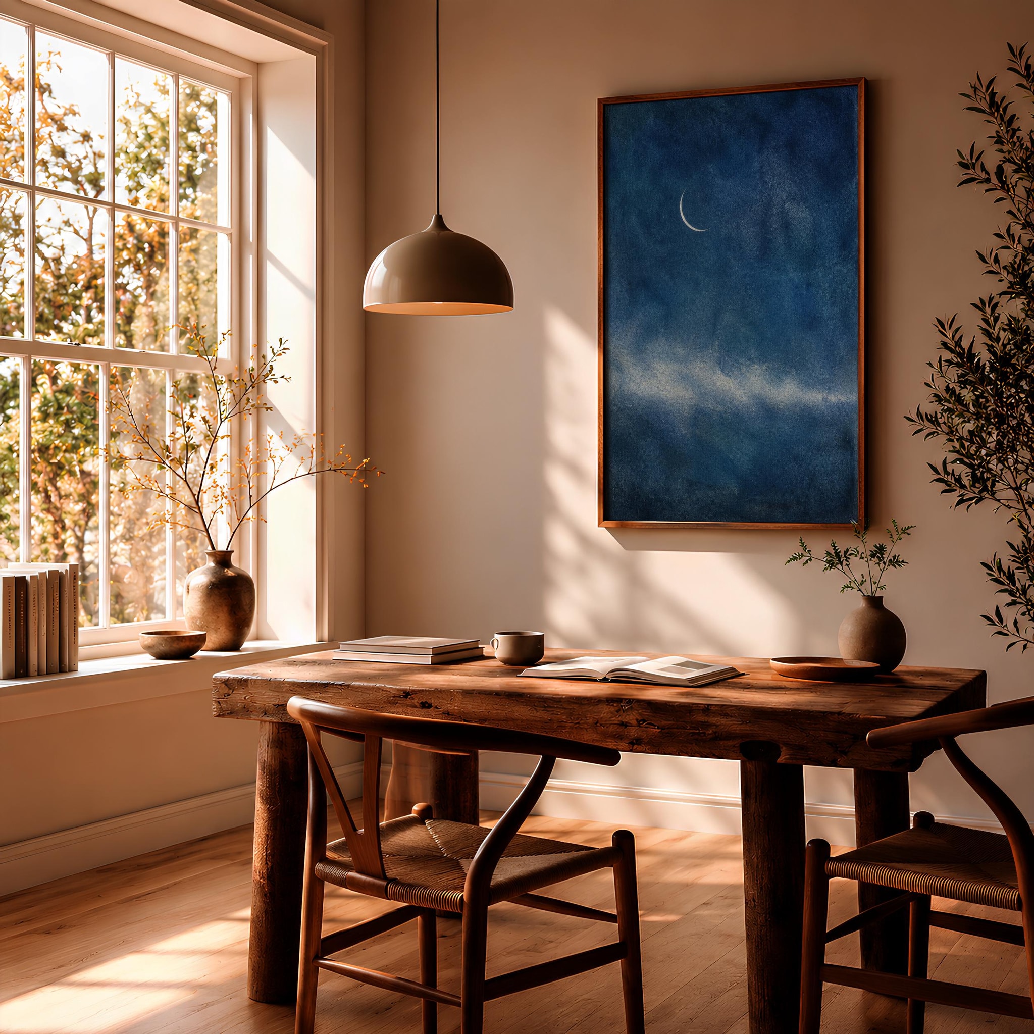 Crescent Moon Wall Art, Minimalist Night Sky Painting, Indigo Blue Celestial Print – Calm Wall Art by Artsify thumbnail 2