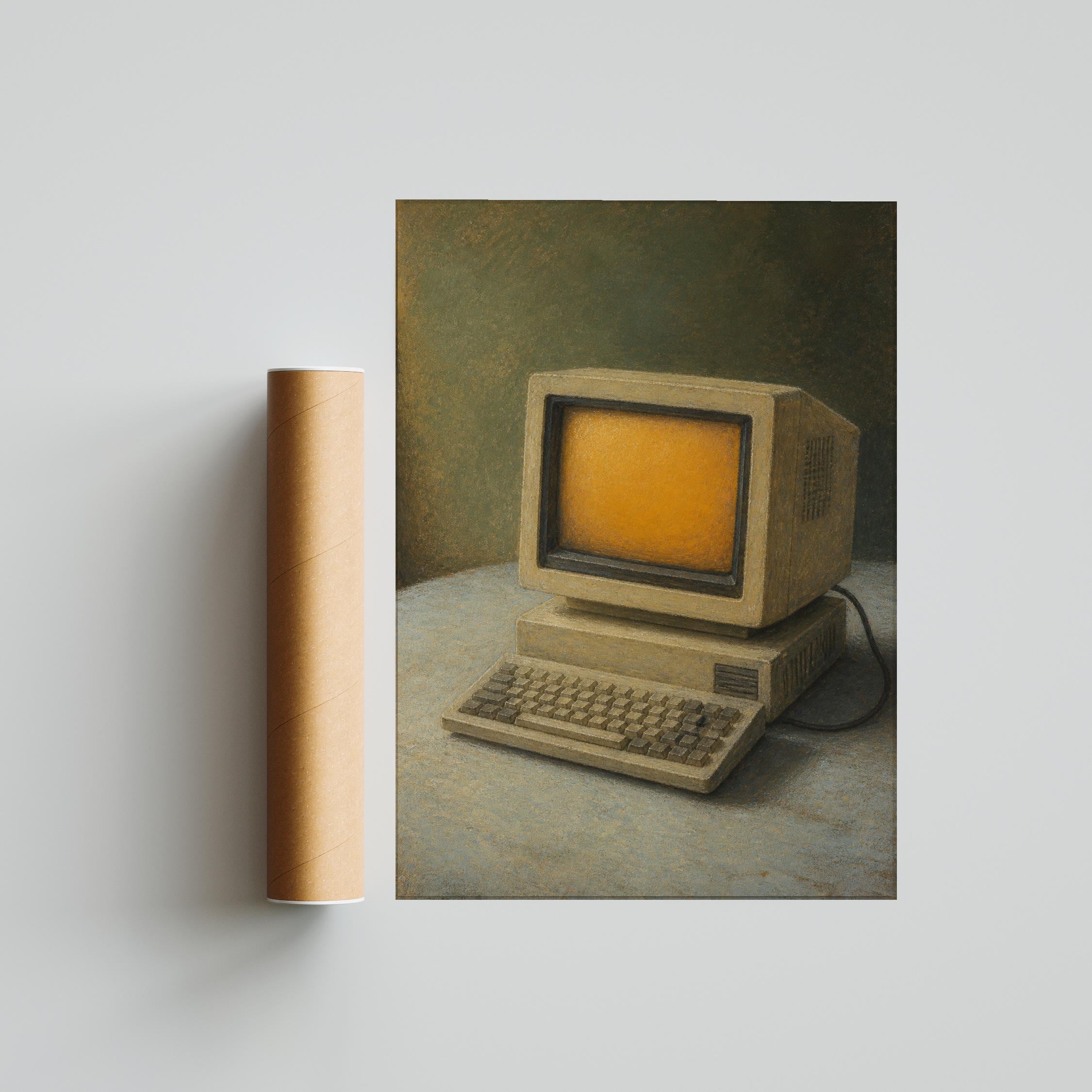 Vintage Computer Wall Art, Retro Tech Still Life Painting, Amber Screen Nostalgic Print – Calm Wall Art by Artsify thumbnail 5