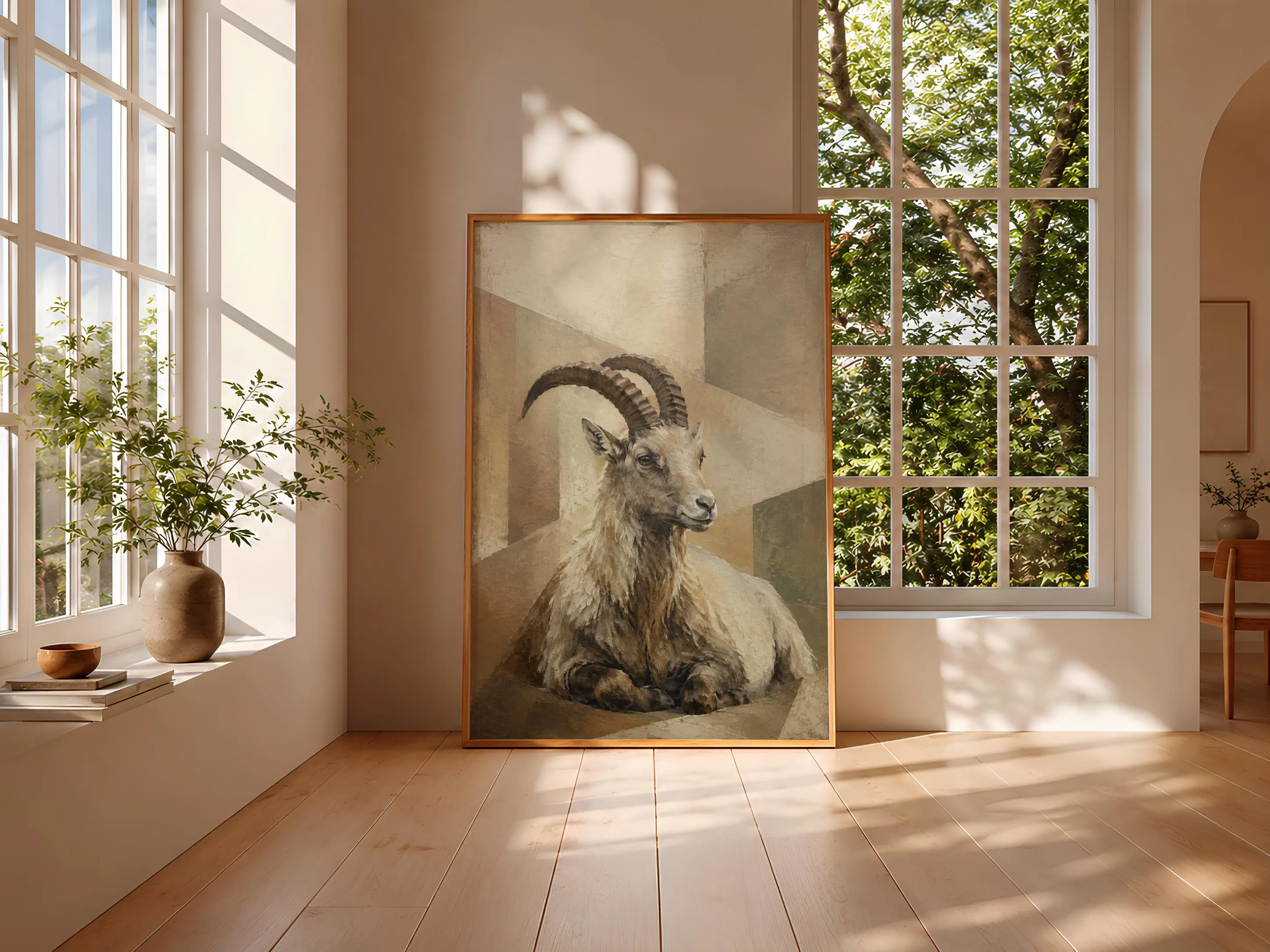 Resting Alpine Goat Wall Art, Geometric Animal Oil Painting – Calm Wall Art by Artsify thumbnail 3
