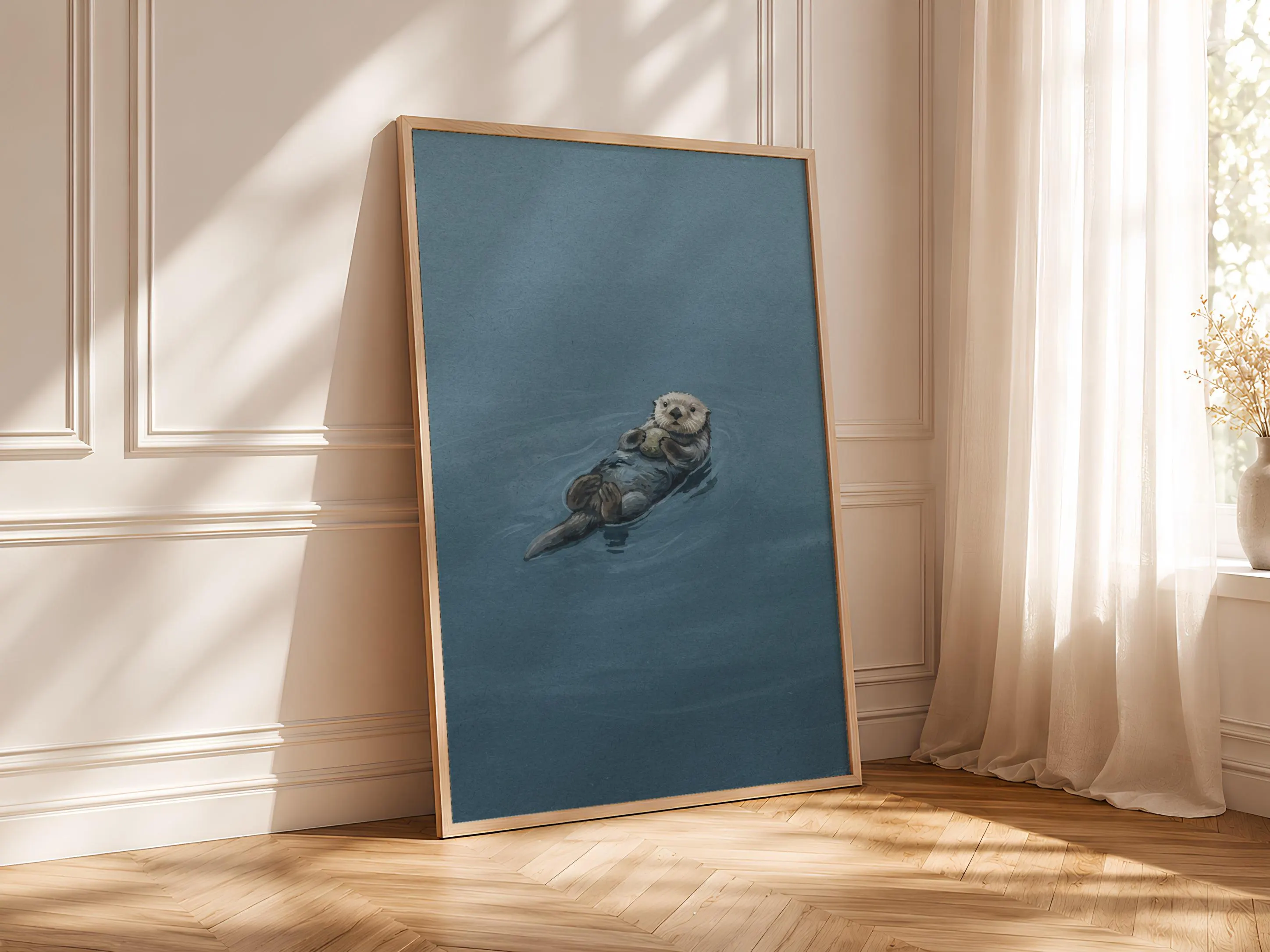 Otter Wall Art, Slate Blue Minimalist Wildlife Painting, Vintage River Print, Housewarming Gift – Calm Wall Art by Artsify thumbnail 4