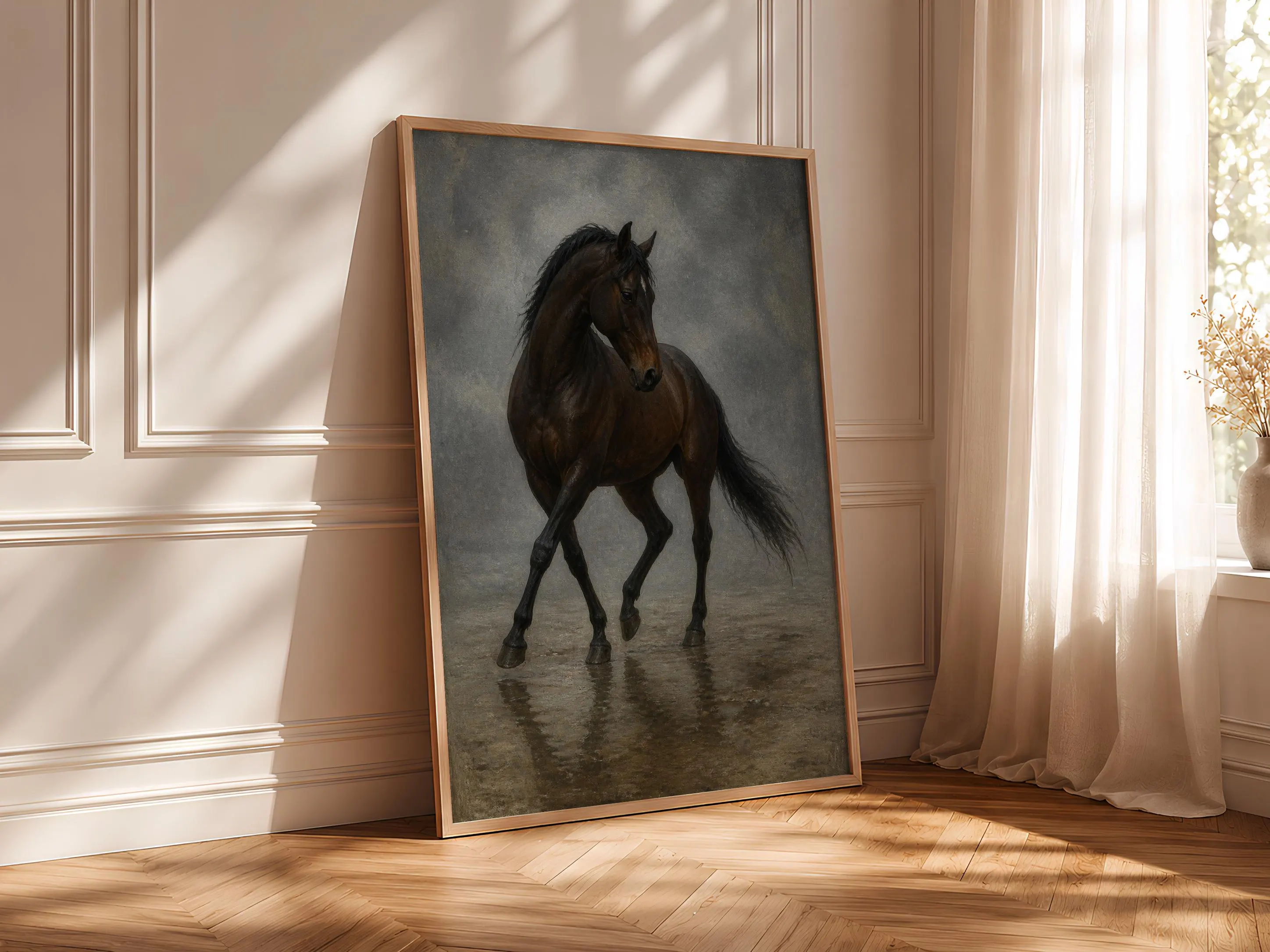 Bay Horse Wall Art, Moody Equestrian Painting, Misty Rain Rustic Decor Print – Calm Wall Art by Artsify thumbnail 4