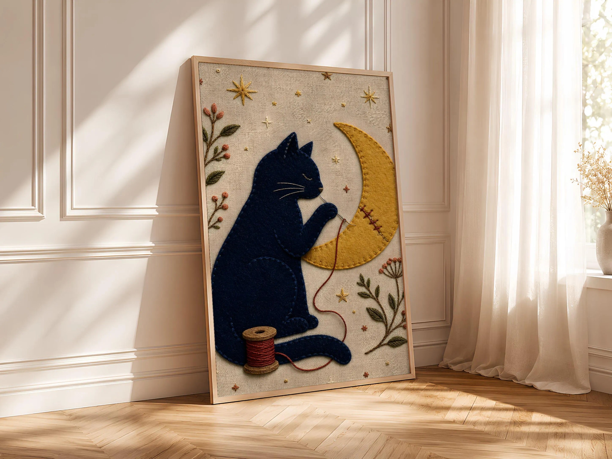 Black Cat Moon Print, Felt Embroidery Style Wall Art, Celestial Cat Poster, Whimsical Night Sky Decor, Housewarming Gift – Calm Wall Art by Artsify thumbnail 4