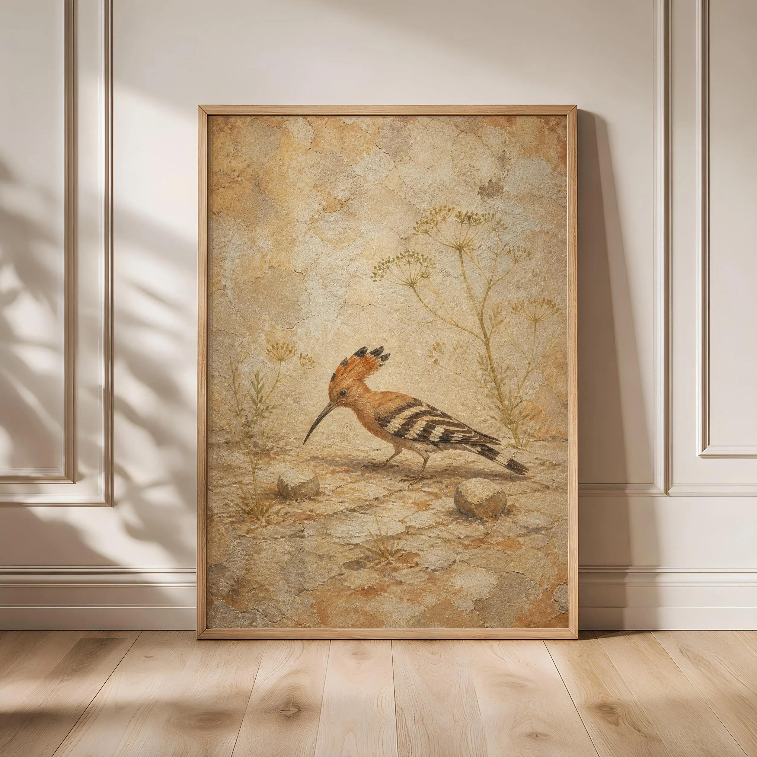 Hoopoe Bird Fresco Print, Mediterranean Wildlife Wall Art, Vintage Fennel Poster, Rustic Villa Decor, Housewarming Gift – Calm Wall Art by Artsify