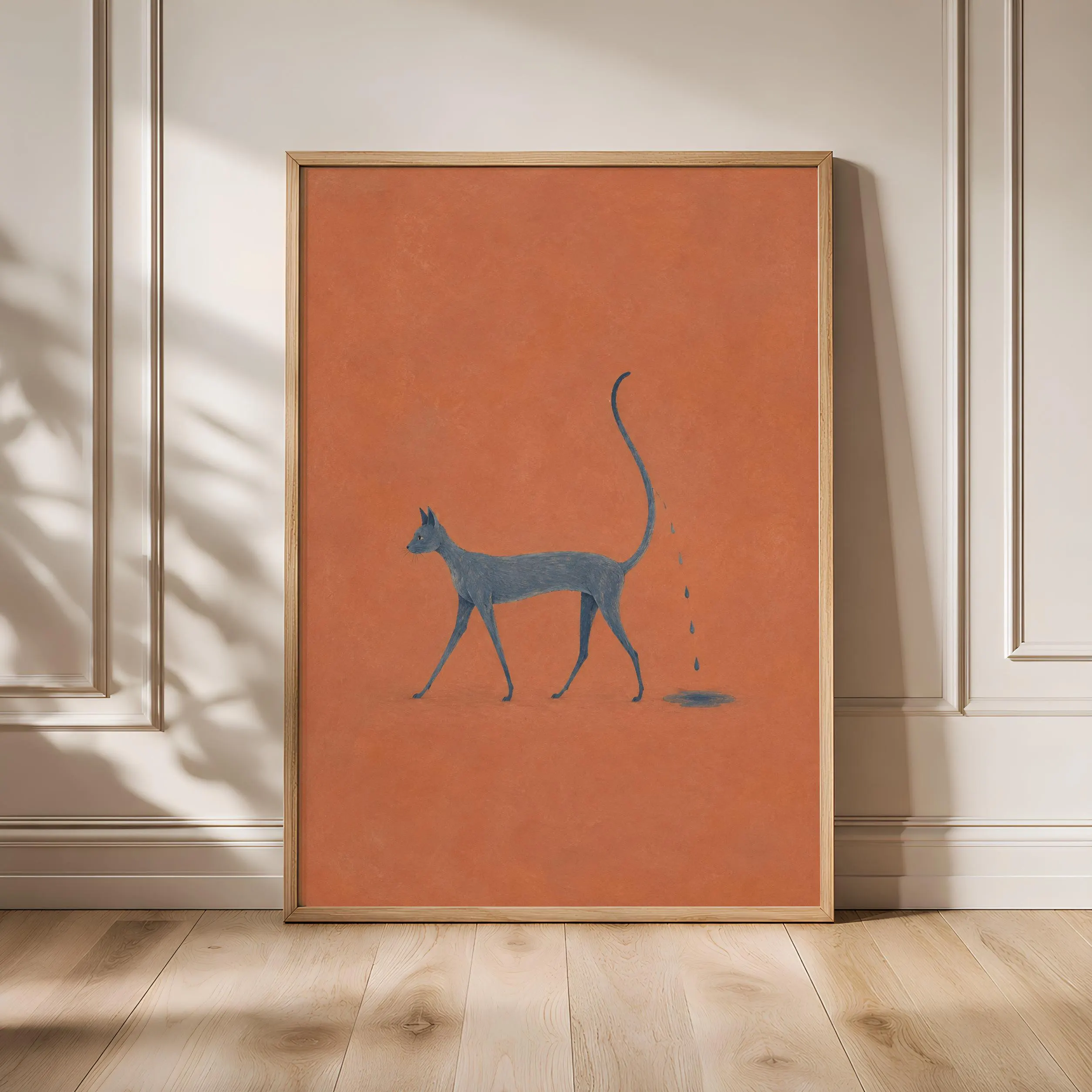 Rain Cat Wall Art, Minimal Surreal Folk Animal Print, Muted Terracotta – Calm Wall Art by Artsify