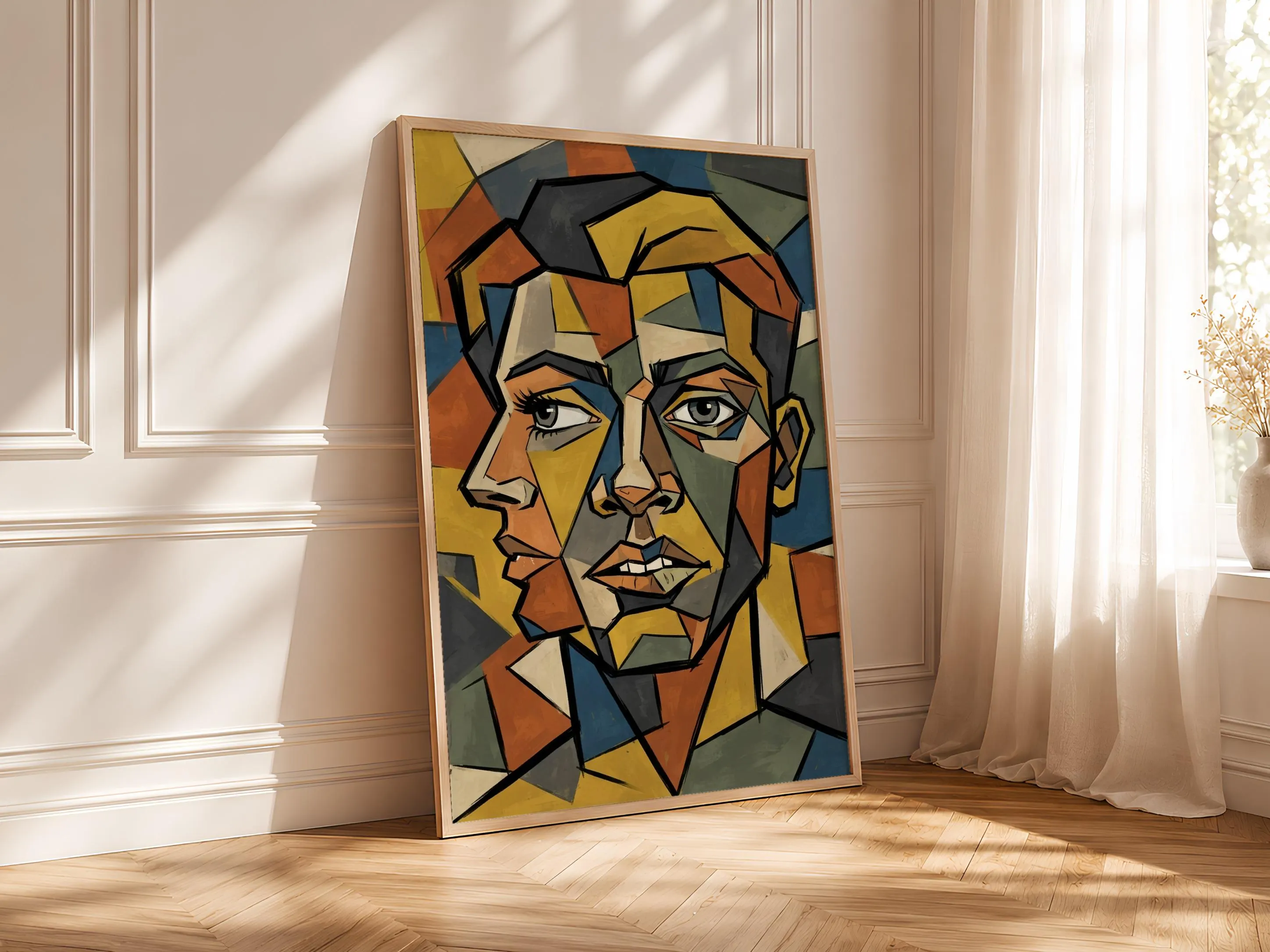 Cubist Portrait Print, Abstract Geometric Face Poster, Mustard Wall Art, Modern Art Gift – Calm Wall Art by Artsify thumbnail 4