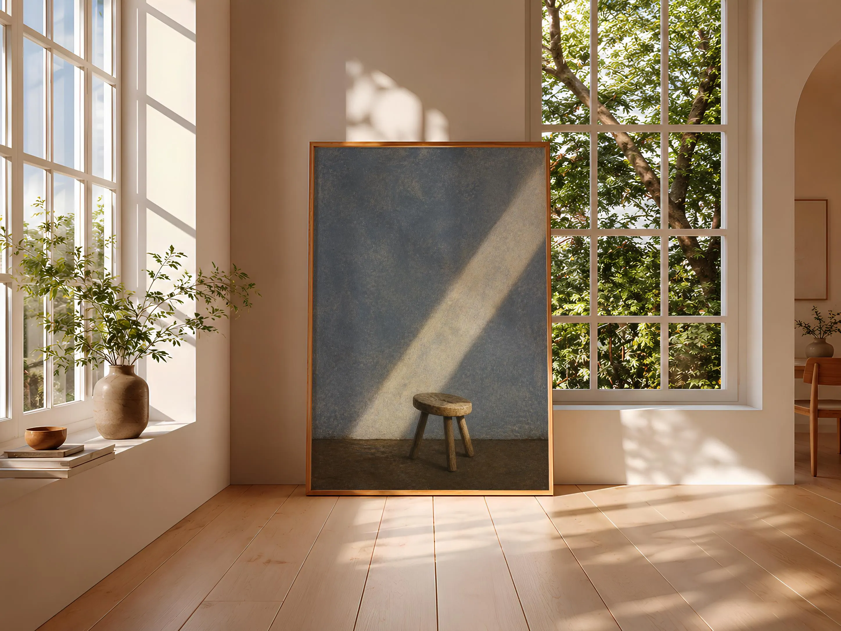 Minimalist Stool Wall Art, Wabi Sabi Winter Light Painting, Blue Grey Still Life Print – Calm Wall Art by Artsify thumbnail 3