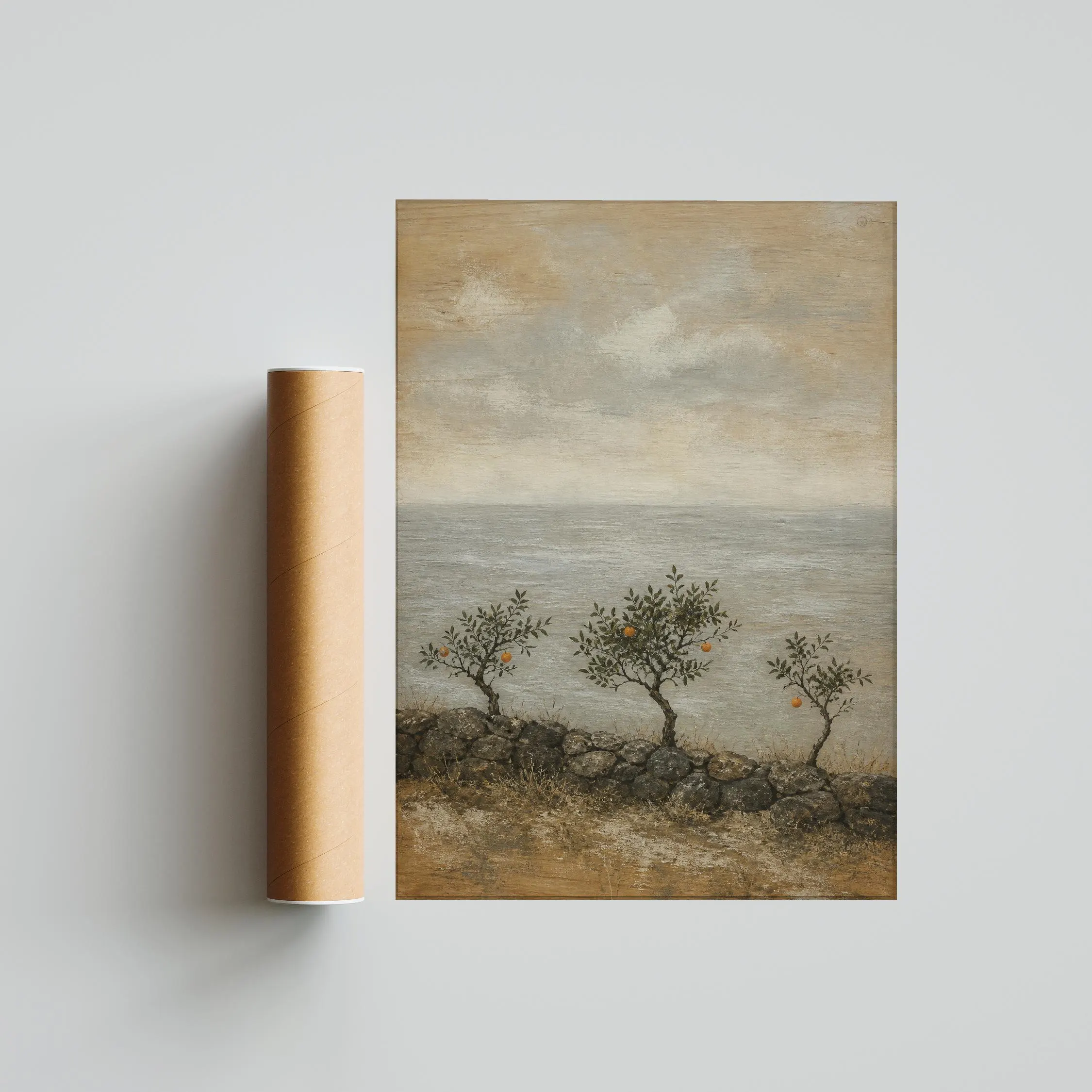 Mandarin Orchard Wall Art, Winter Sea Landscape, Muted Coastal Orange Tree Print – Calm Wall Art by Artsify thumbnail 5