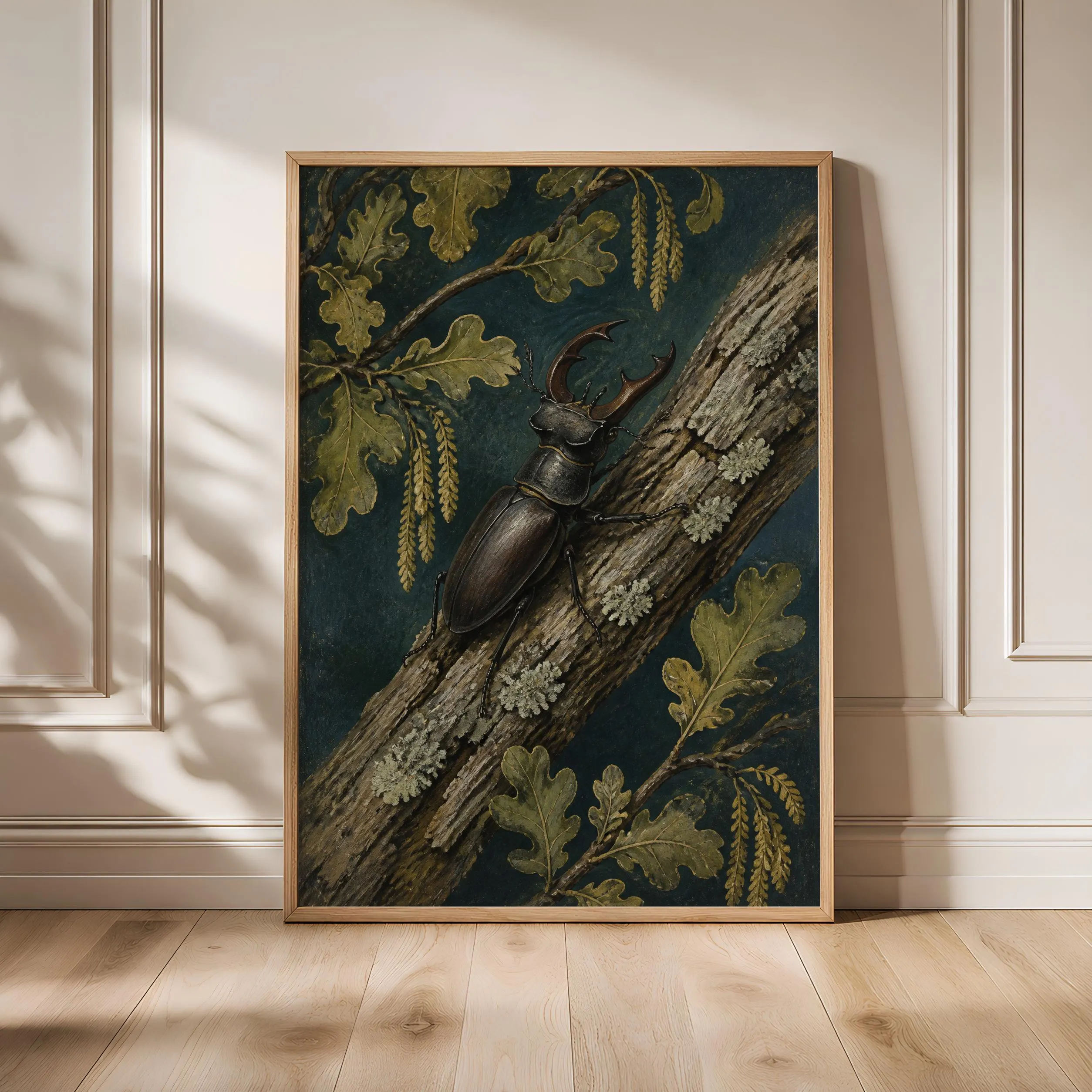 Stag Beetle Wall Art, Vintage Naturalist Illustration, Dark Teal Woodland Decor Print – Calm Wall Art by Artsify