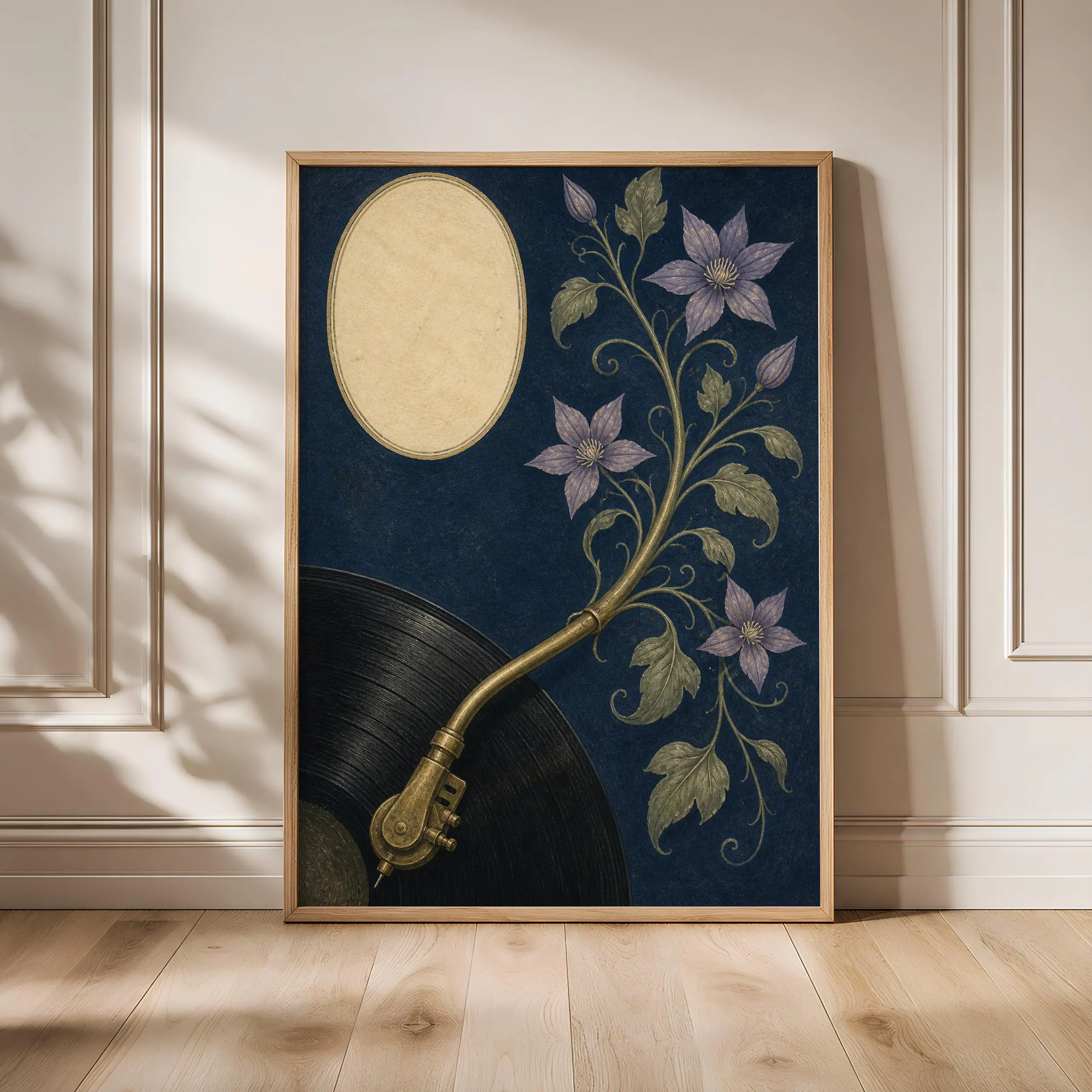 Vinyl Turntable Print, Arts and Crafts Music Room Poster, Navy Botanical Wall Art, Vinyl Lover Gift – Calm Wall Art by Artsify