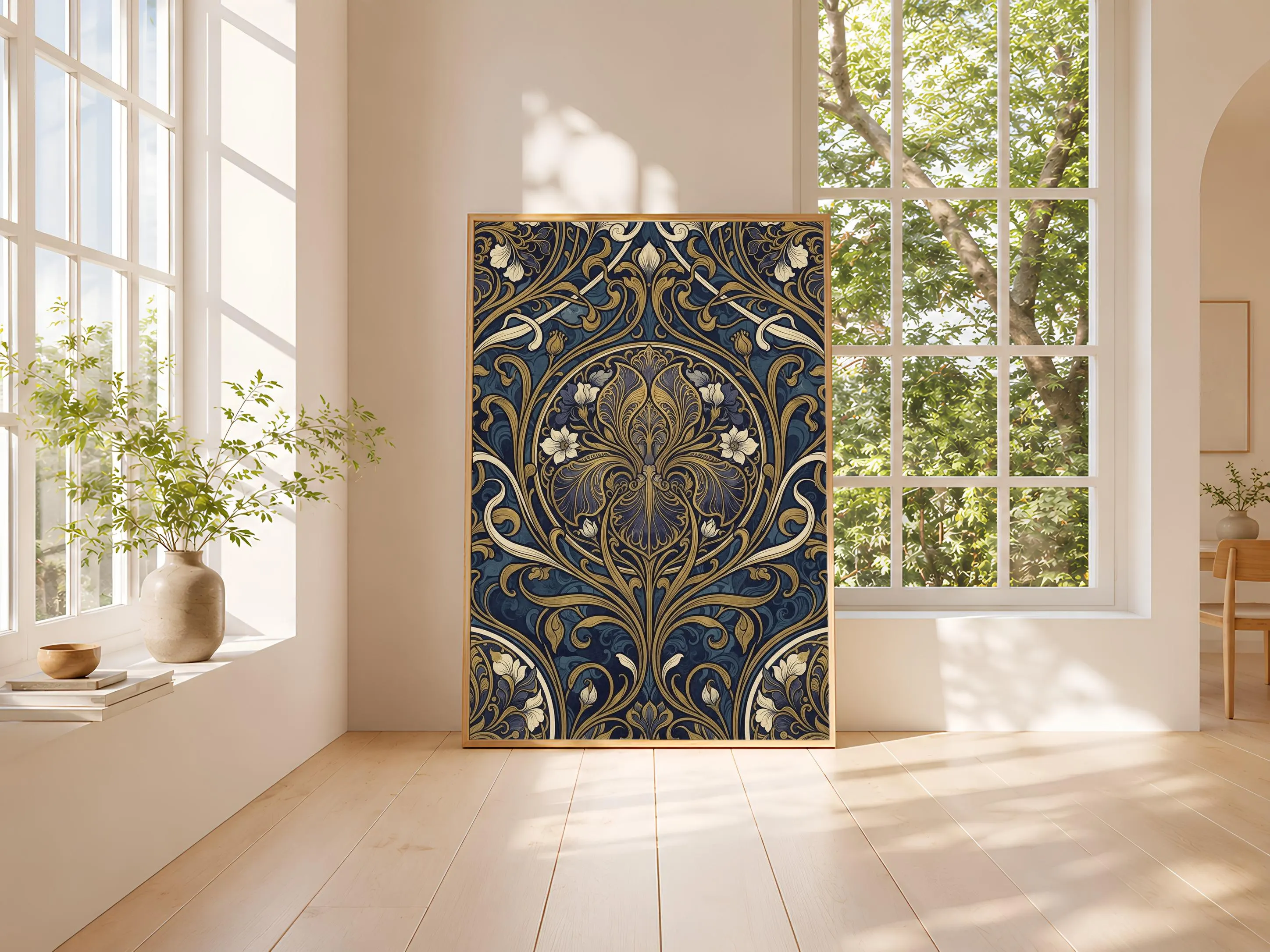 Art Nouveau Iris Print, Golden Retro Floral Poster, Gold Medallion Wall Art, Bedroom Decor, Housewarming Gift – Calm Wall Art by Artsify thumbnail 3